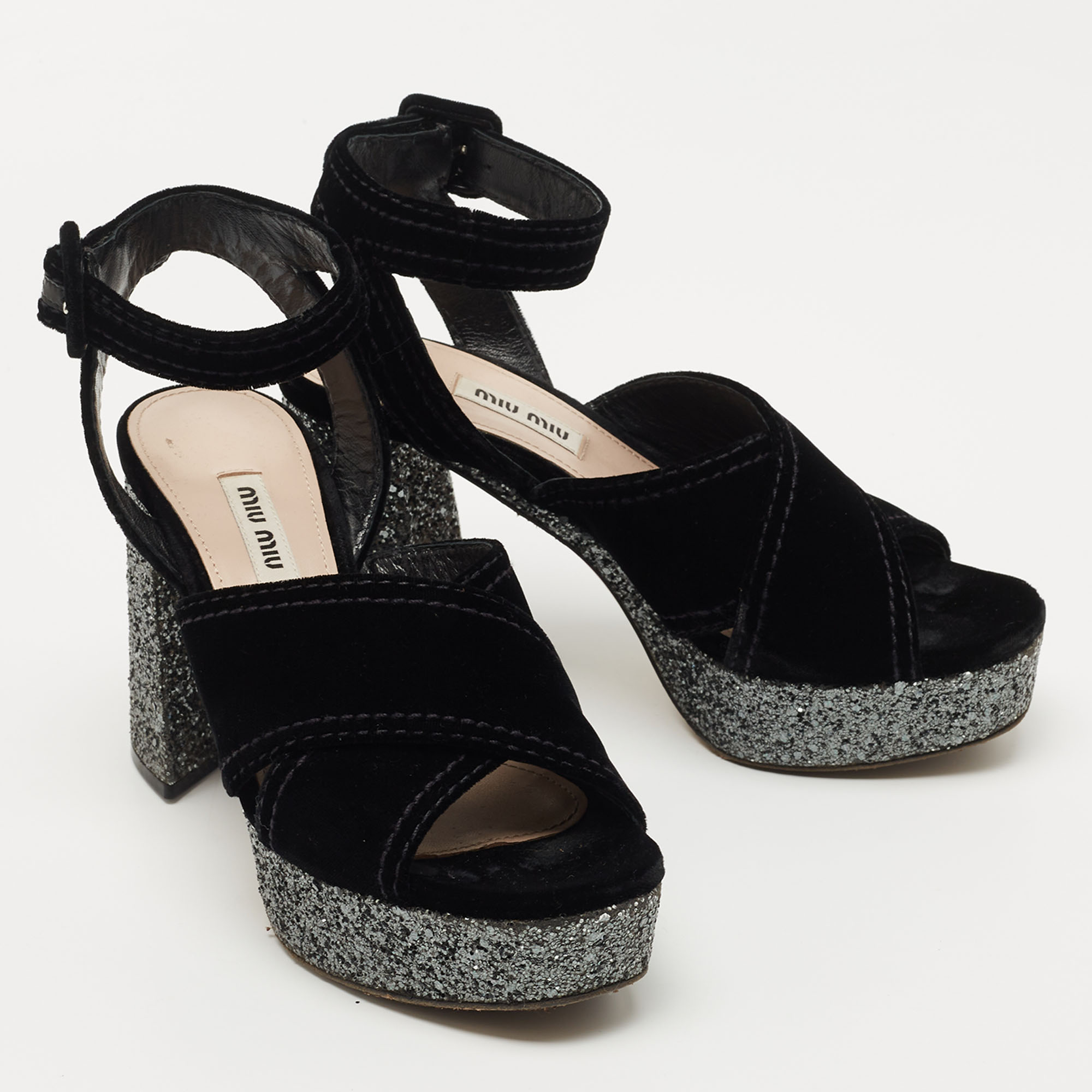 Miu Miu Black Velvet And Glitter Platform Ankle Strap Sandals Size 37