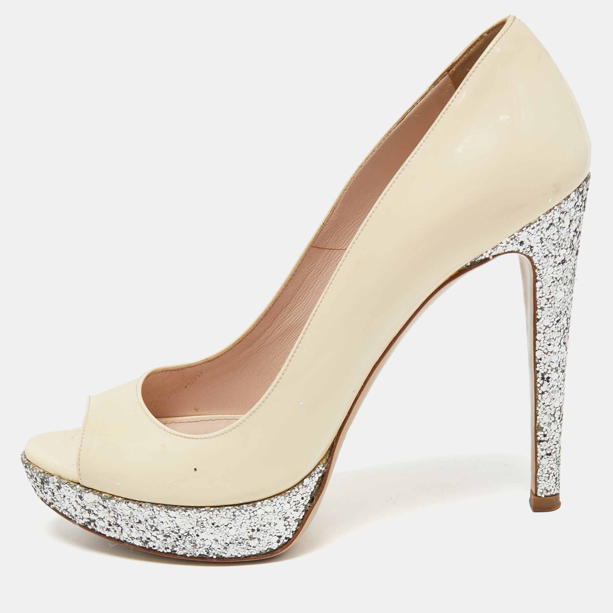 Miu Miu Cream Patent Leather And Coarse Glitter Peep Toe Platform Pumps Size 36.5