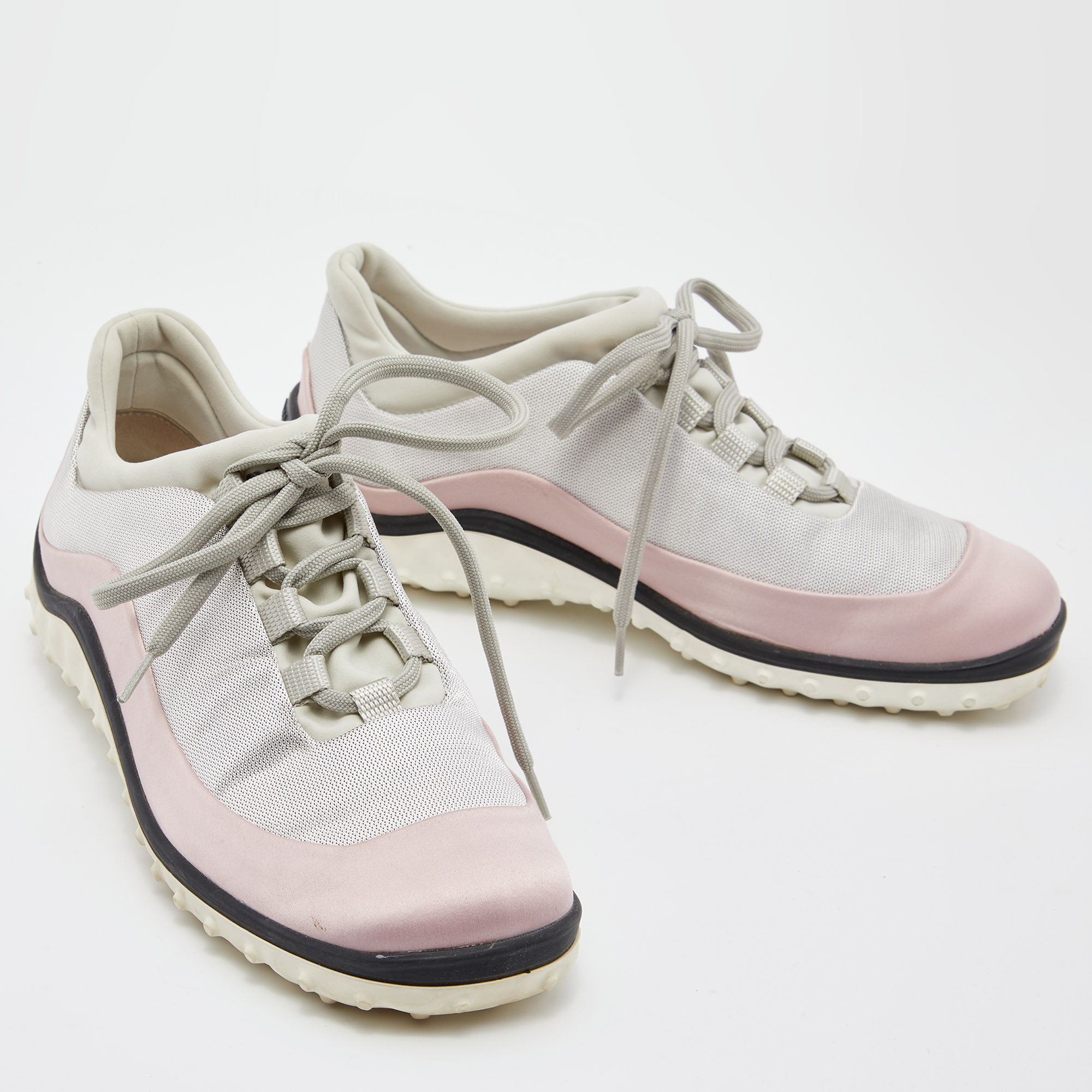 Miu Miu Pink/Grey Satin And Fabric Low Top Sneakers Size 36
