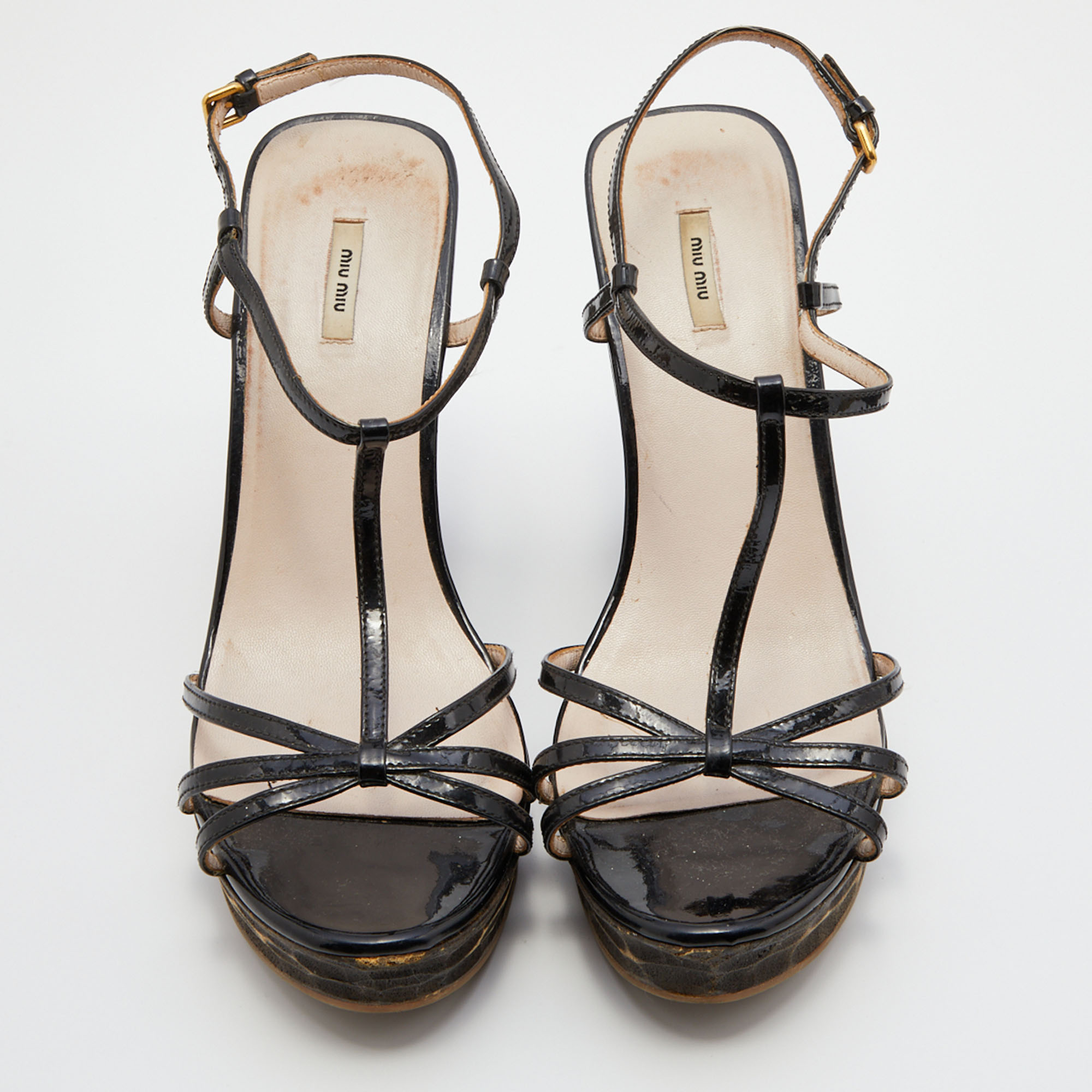 Miu Miu Black Patent Leather T-Strap Platform Wedge Sandals Size 38