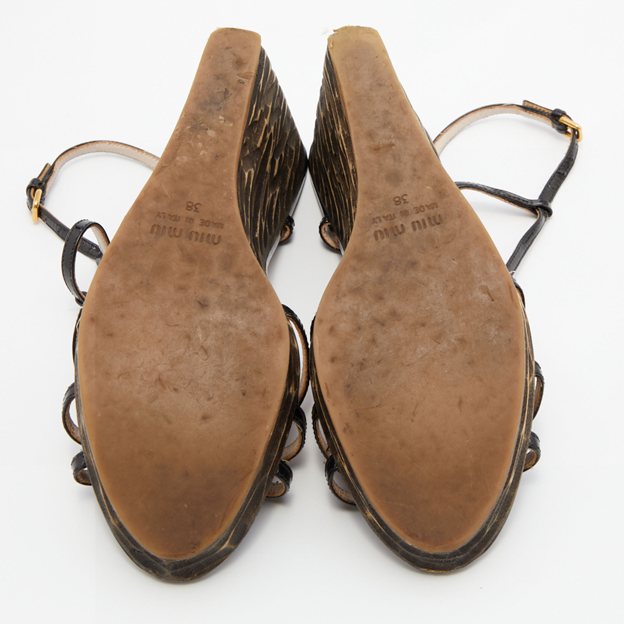 Miu Miu Black Patent Leather T-Strap Platform Wedge Sandals Size 38