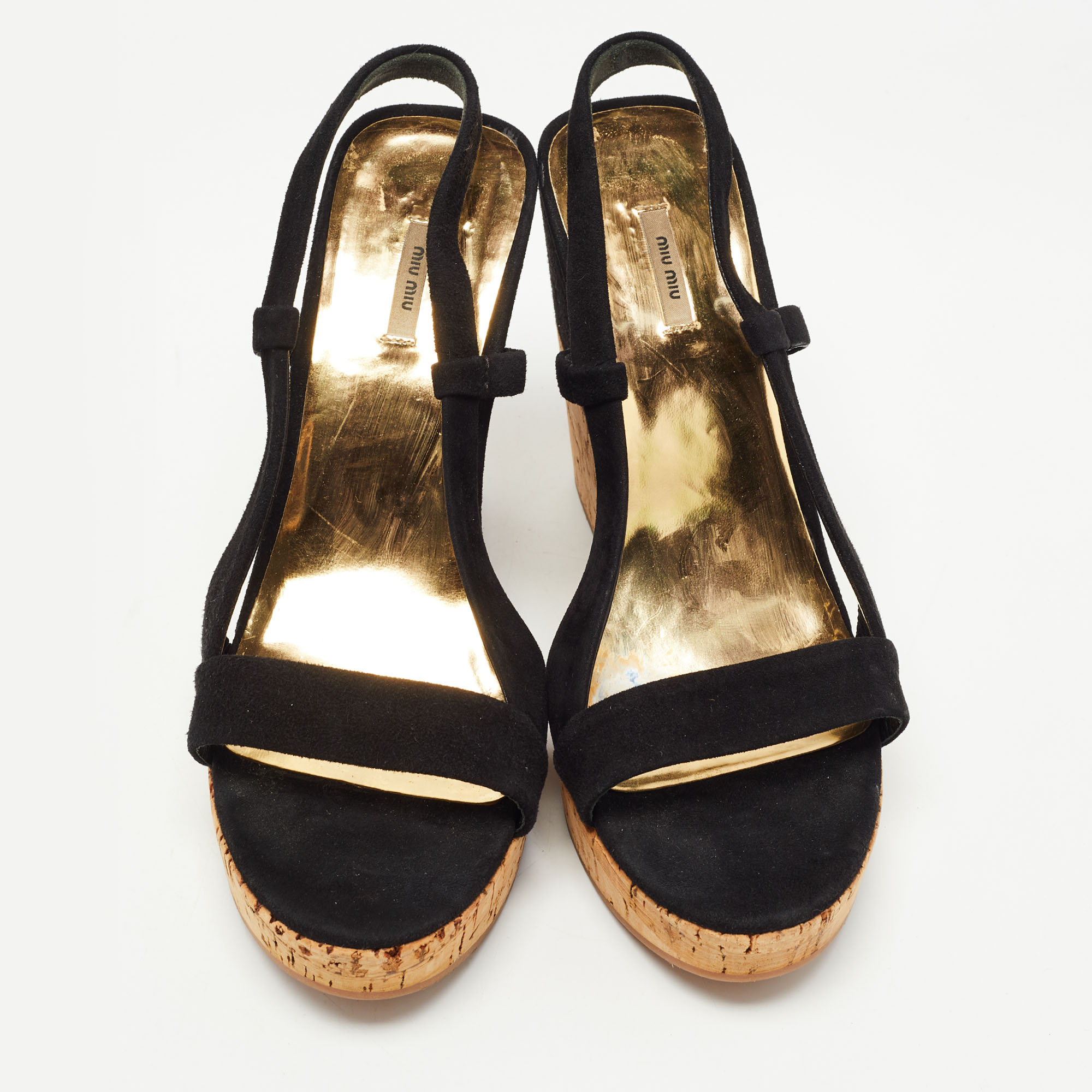 Miu Miu Black Suede Cork Wedge  Sandals Size 37
