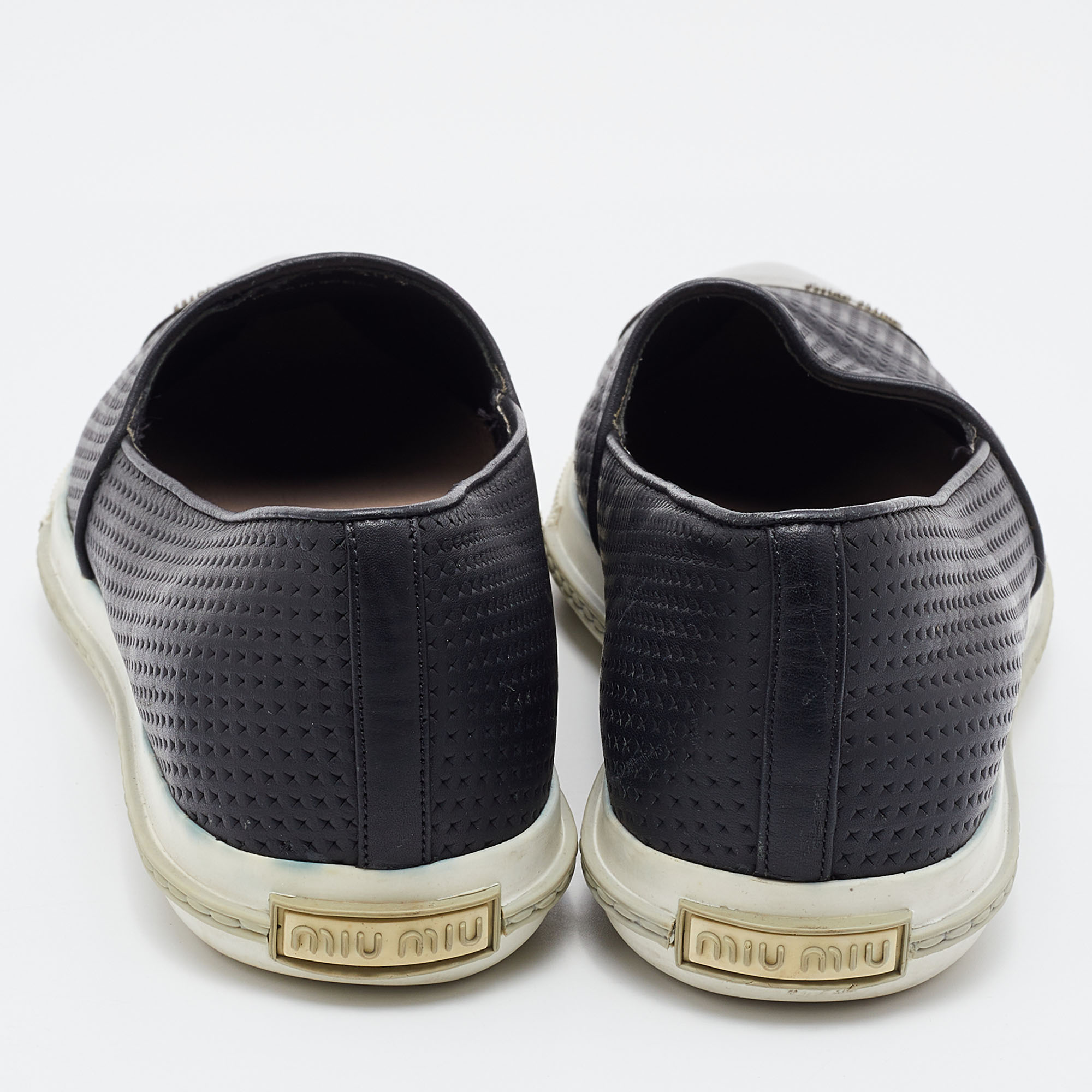 Miu Miu Black Leather Metal Cap-Toe Slip-On Sneakers Size 40.5