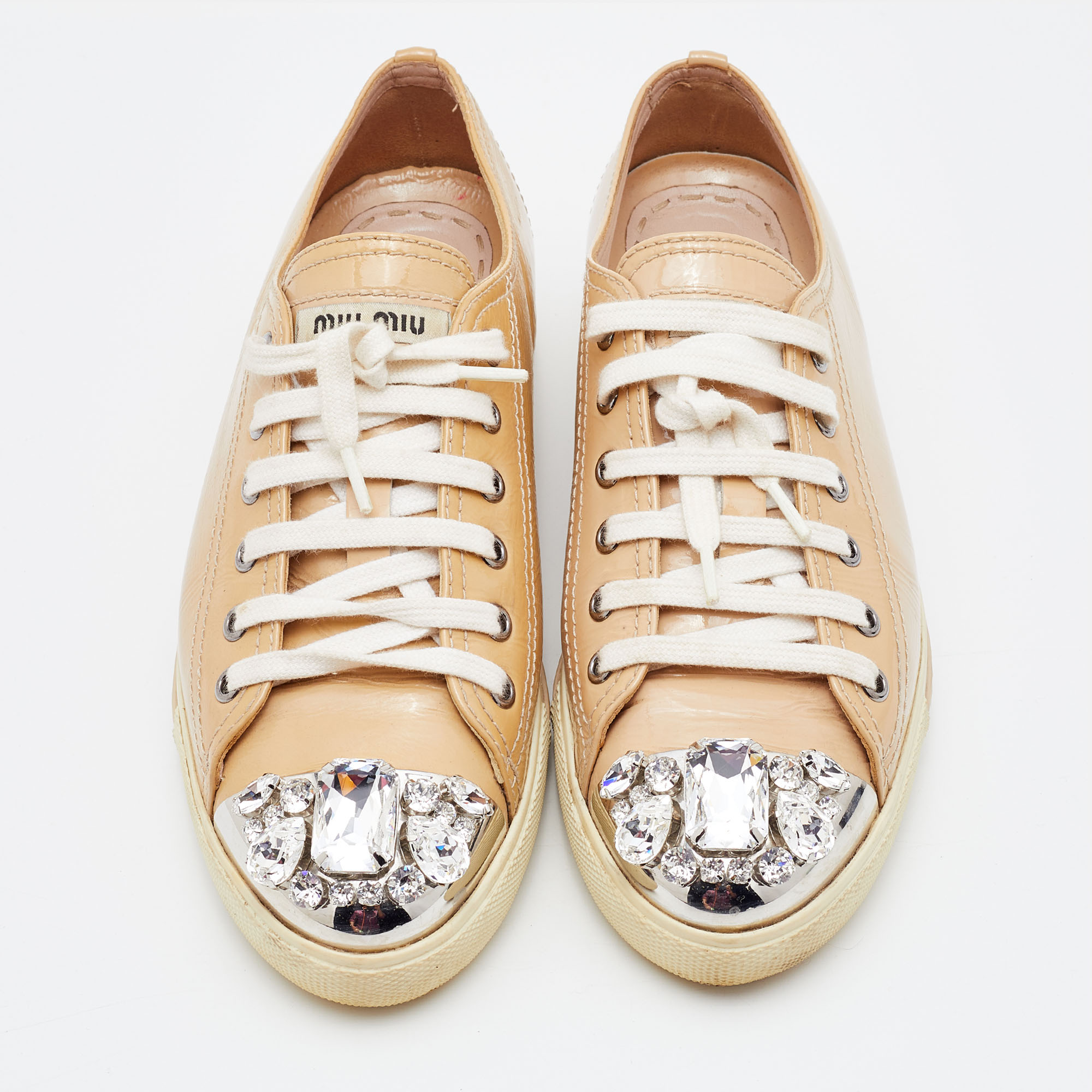 Miu Miu Beige Patent Leather Crystal Embellished Cap Toe Sneakers Size 38.5
