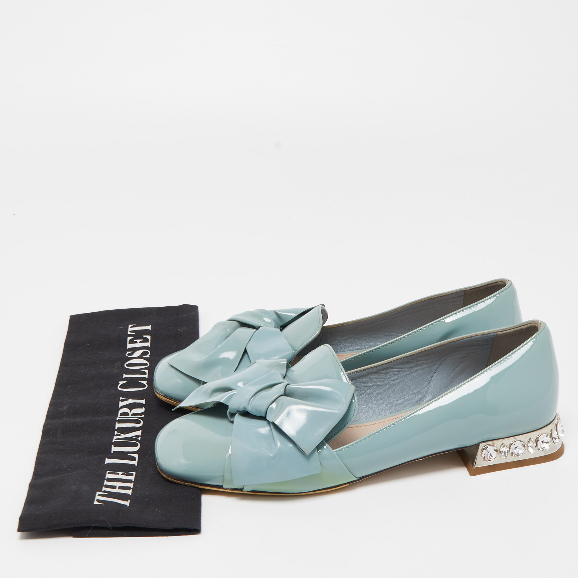 Miu Miu Blue Patent Leather Crystal Embellished  Bow Smoking Slippers Size 35