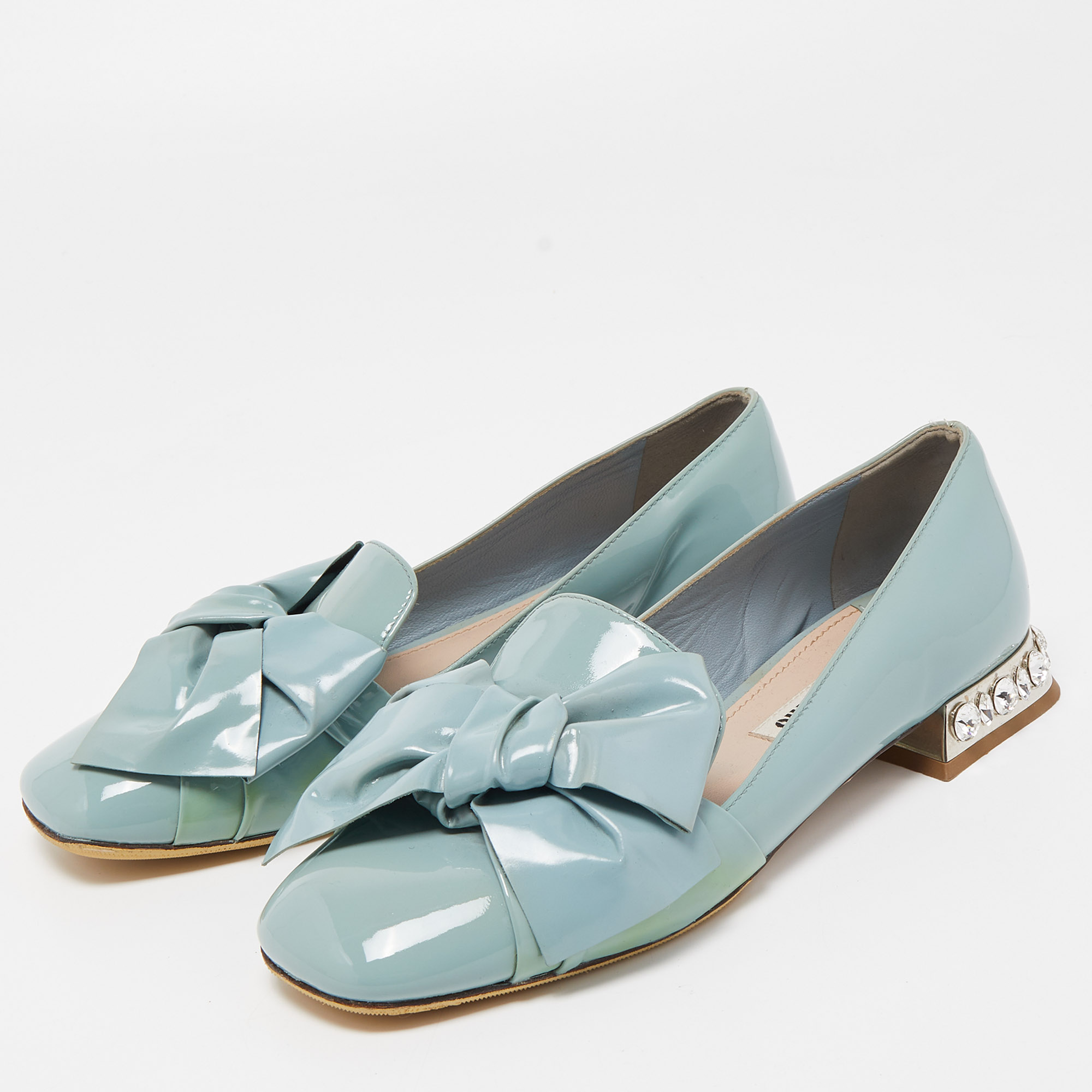 Miu Miu Blue Patent Leather Crystal Embellished  Bow Smoking Slippers Size 35