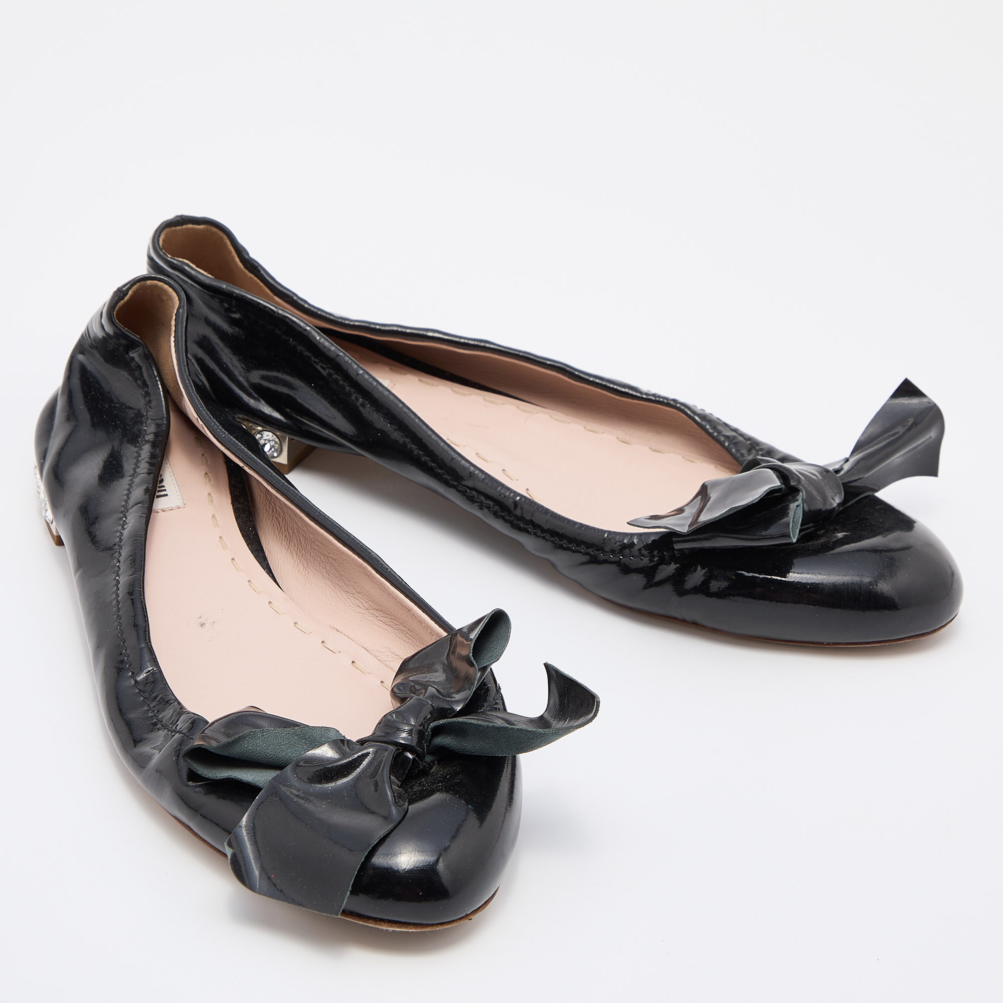 Miu Miu Black Patent Leather Crystal Embellished Bow Ballet Flats Size 38.5