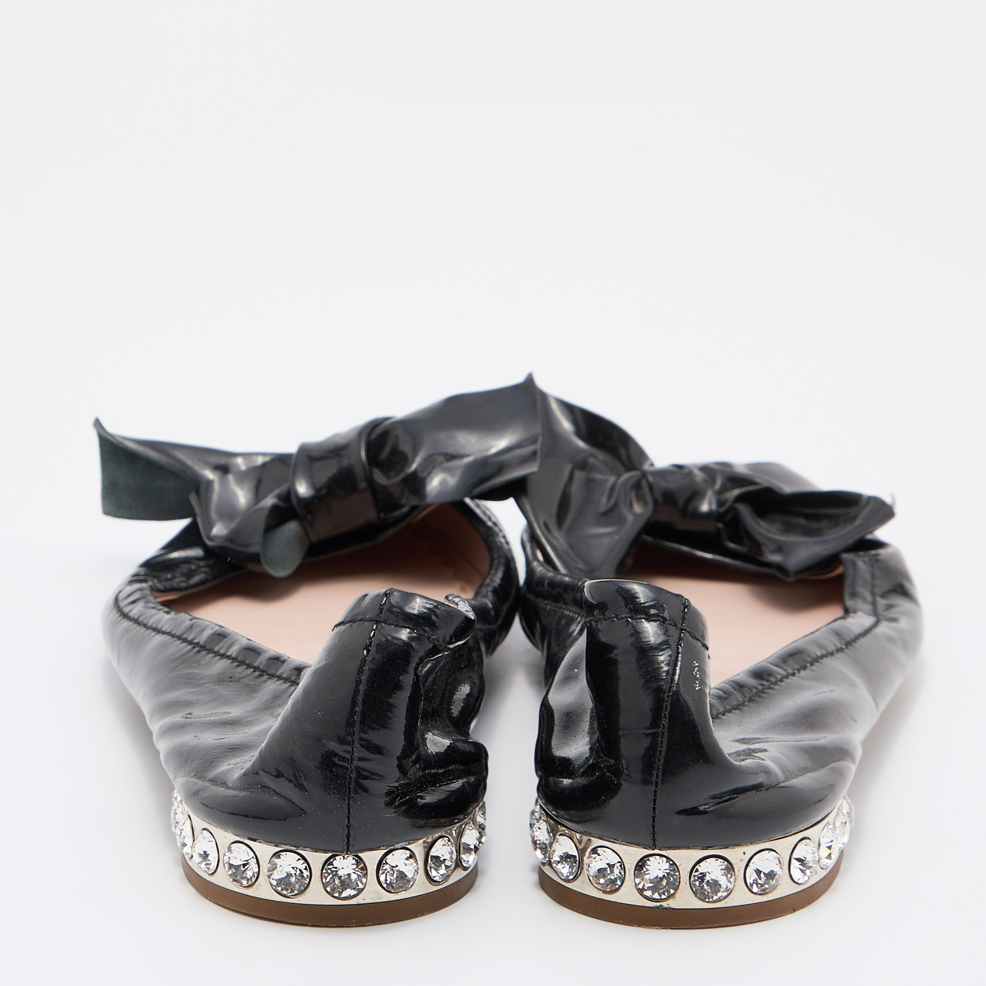 Miu Miu Black Patent Leather Crystal Embellished Bow Ballet Flats Size 38.5