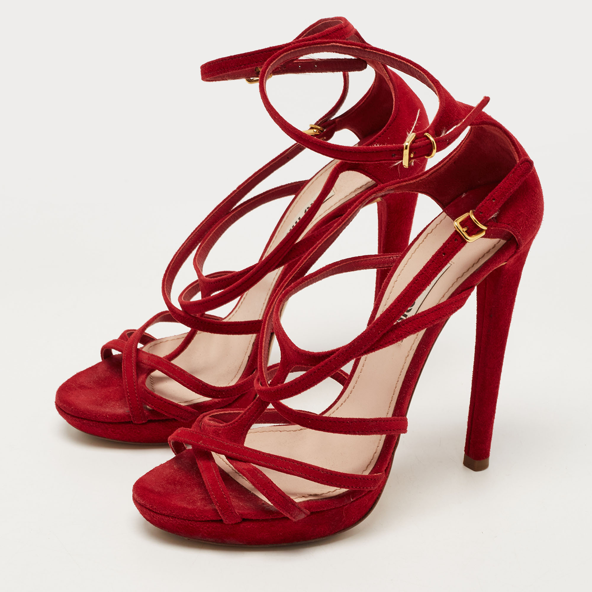 miu miu Miu Miu Red Suede Strappy Platform Sandals Size 36 | Farca