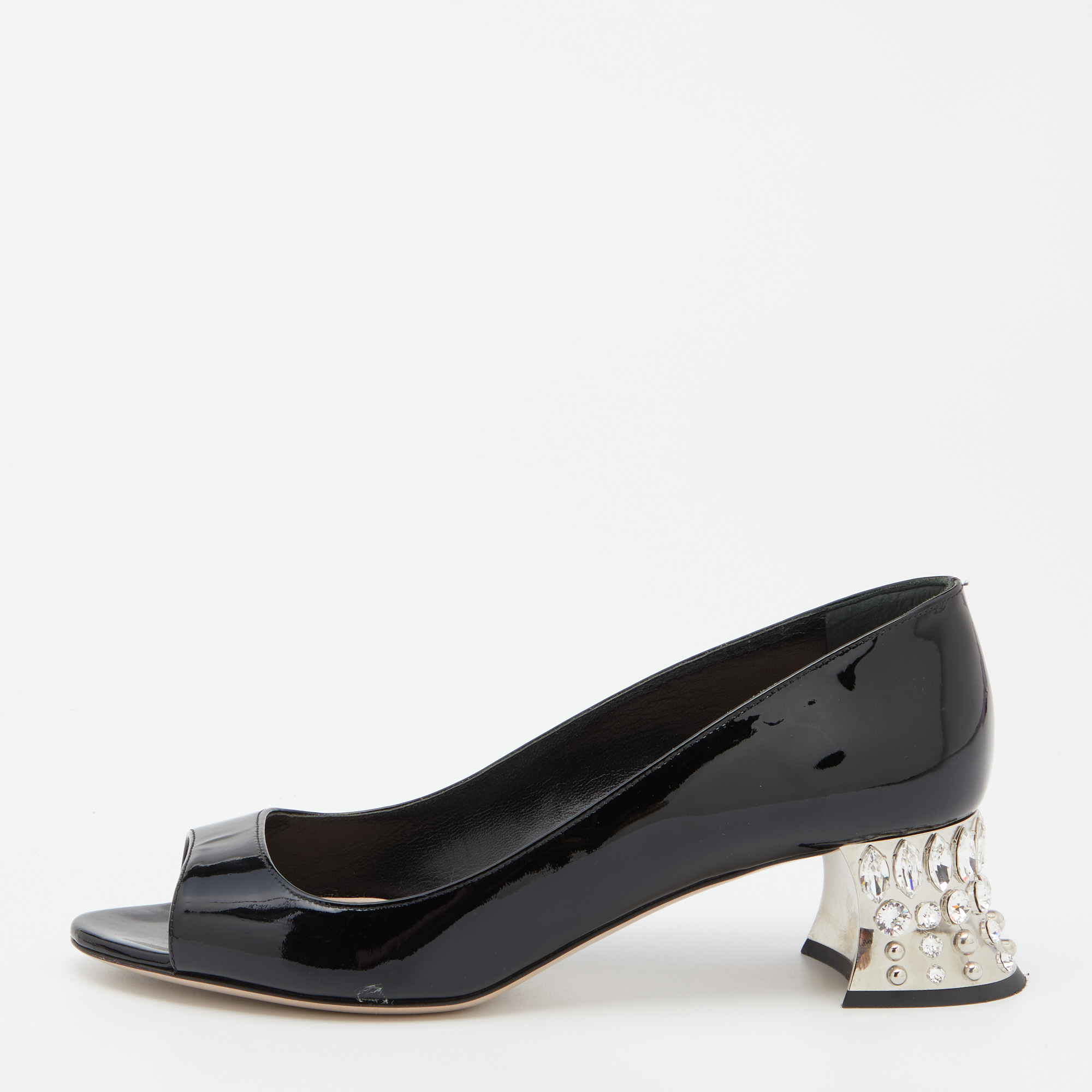 Miu Miu Black Patent Leather Crystal Embellished Block Heel Peep Toe Pumps Size 35.5