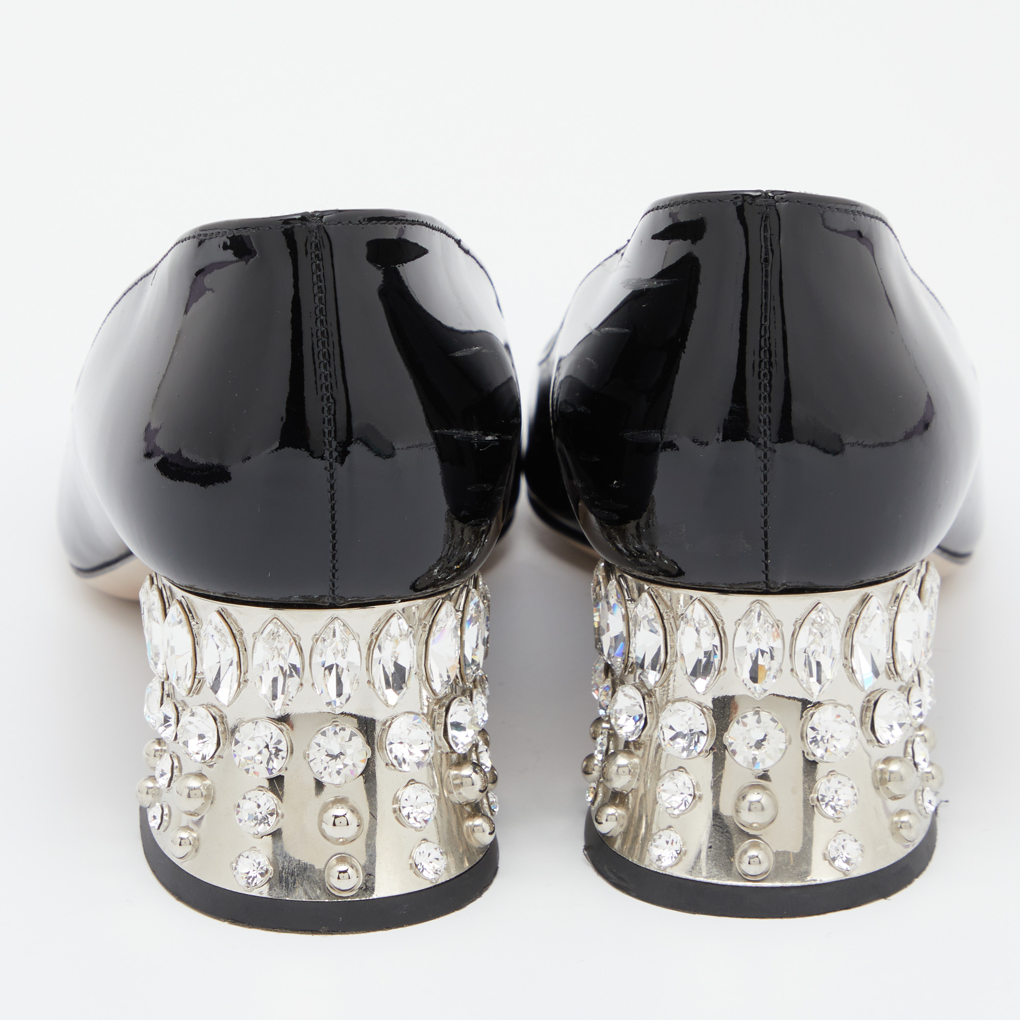 Miu Miu Black Patent Leather Crystal Embellished Block Heel Peep Toe Pumps Size 35.5
