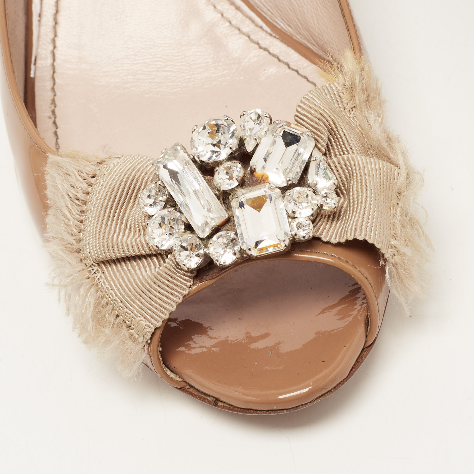 Miu Miu Brown Patent Leather Crystal Embellished Peep Toe Block Heel Pumps Size 36.5