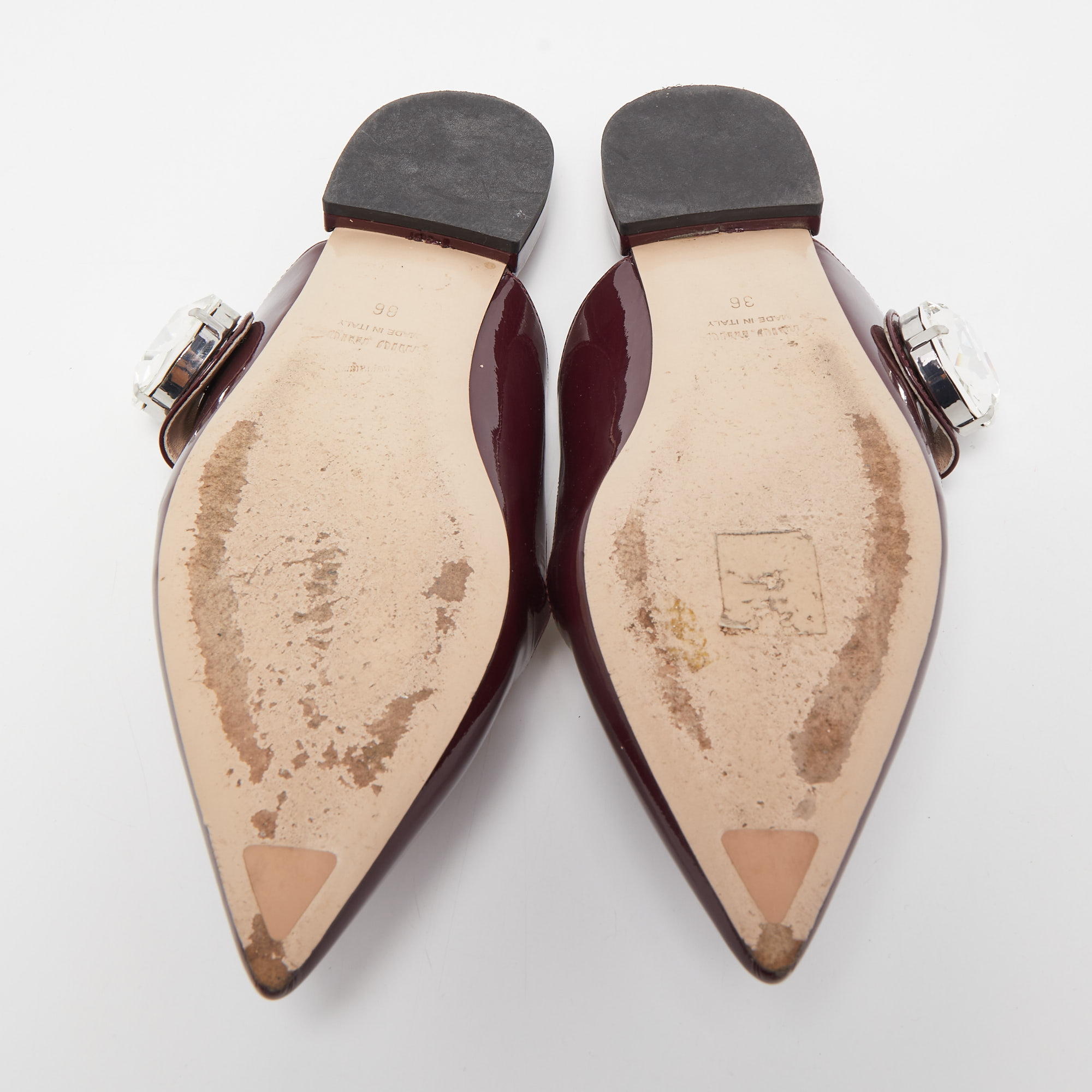 Miu Miu Burgundy Patent Leather Embellished Pointed Toe Mules Size 36