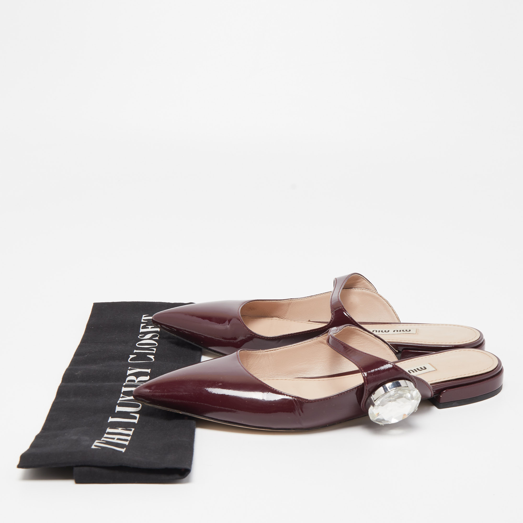 Miu Miu Burgundy Patent Leather Embellished Pointed Toe Mules Size 36