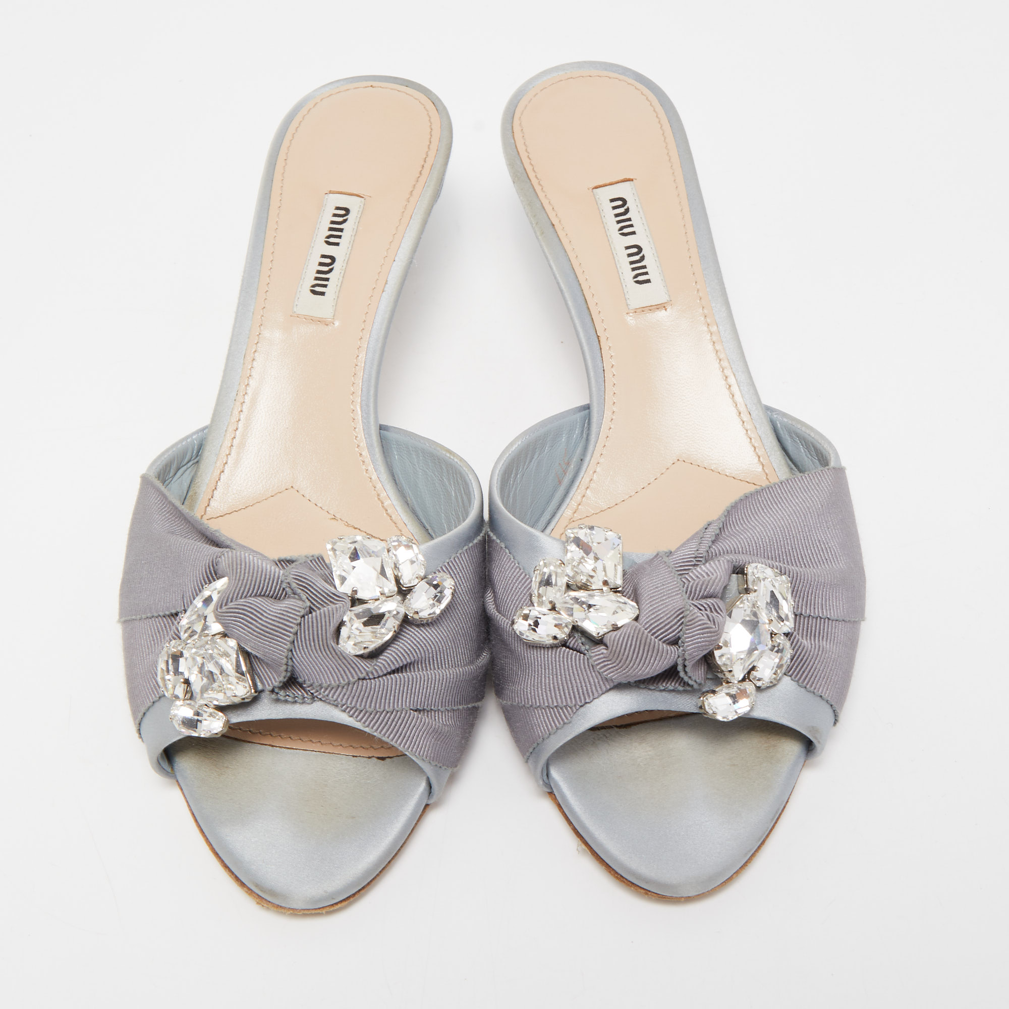 Miu Miu Two Tone Satin And Knotted Canvas Crystal Embellished Slide Sandals Size 39