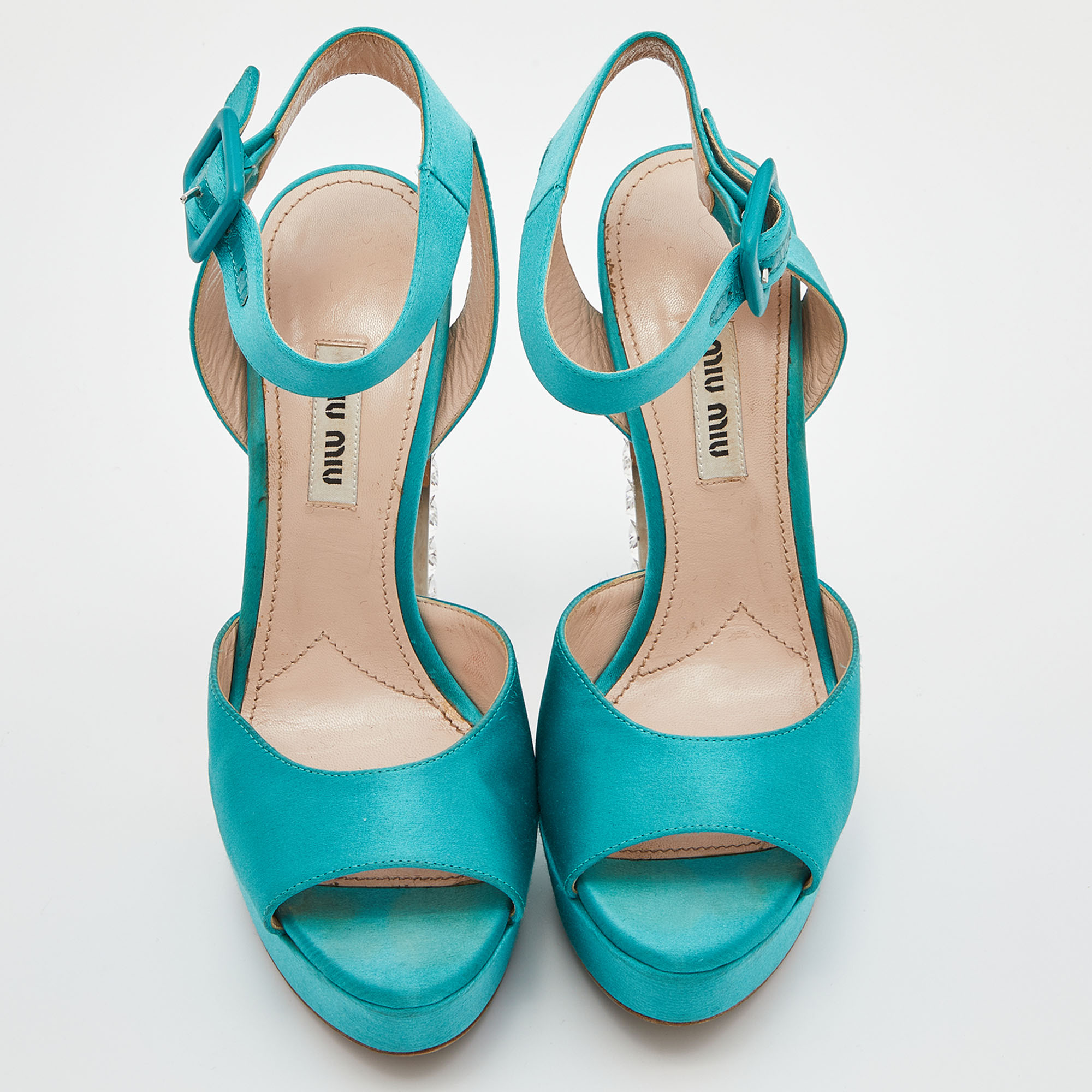 Miu Miu Green Satin Crystal Embellished Block Heel Ankle Strap Sandals Size 37