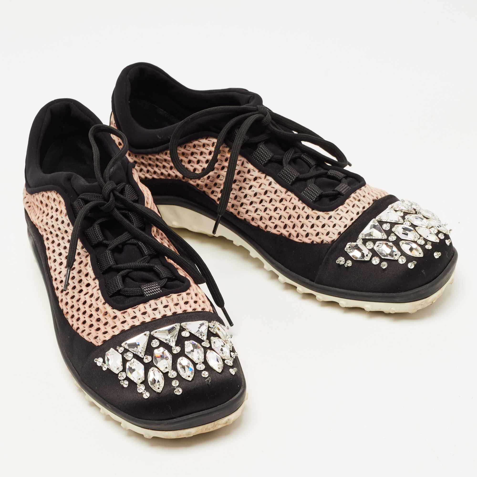 Miu Miu Black/Pink Neoprene And Mesh Crystal Embellished Low Top Sneakers Size 40