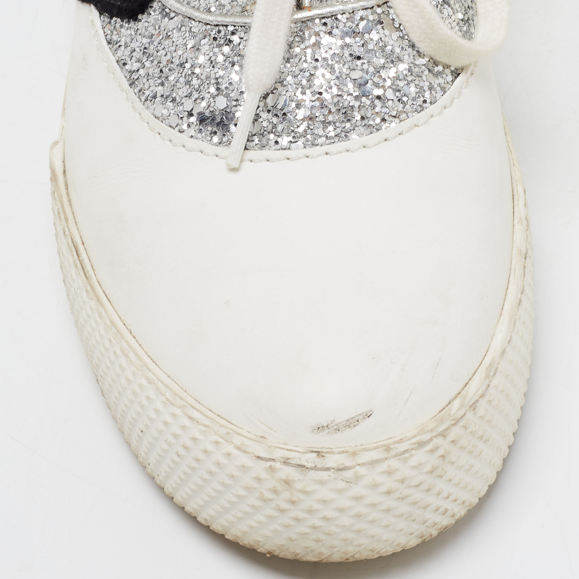 Miu Miu Silver/White Leather And Glitter Patch Slip On Sneakers Size 40