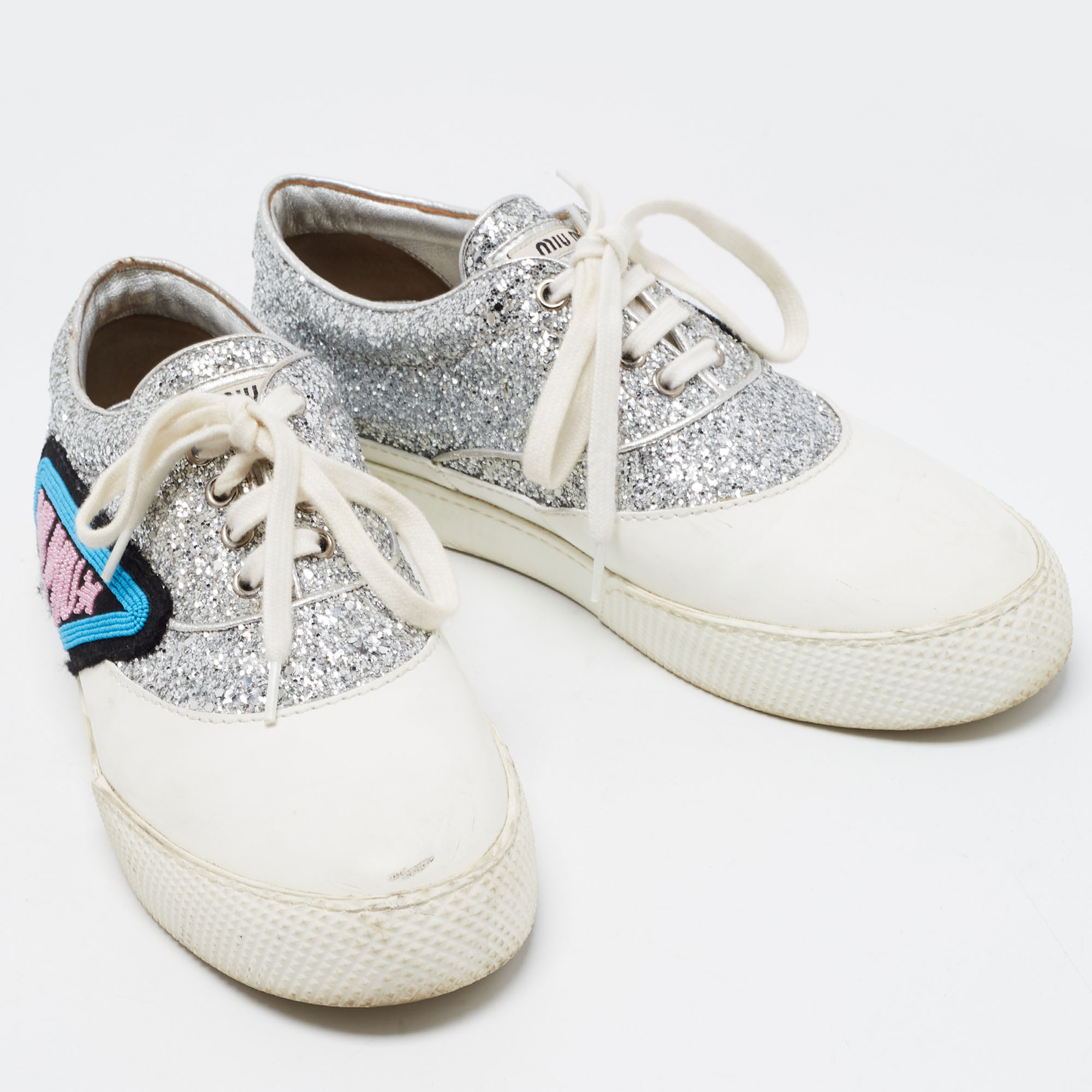 Miu Miu Silver/White Leather And Glitter Patch Slip On Sneakers Size 40