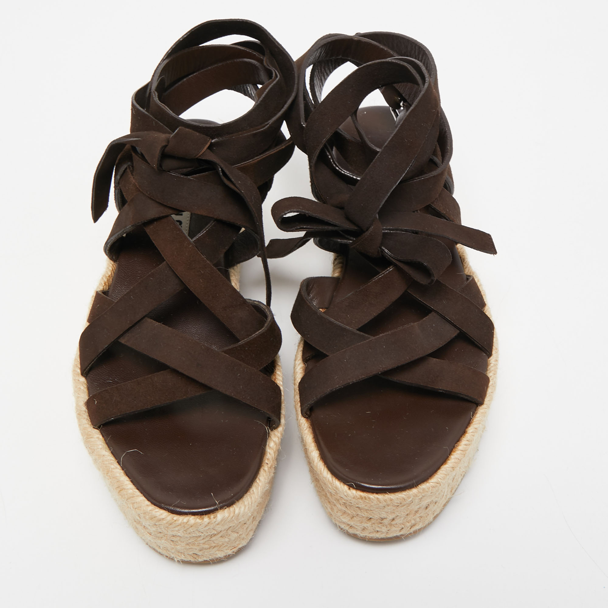 Miu Miu Dark Brown Suede Strappy Espadrille Platform Sandals Size 36