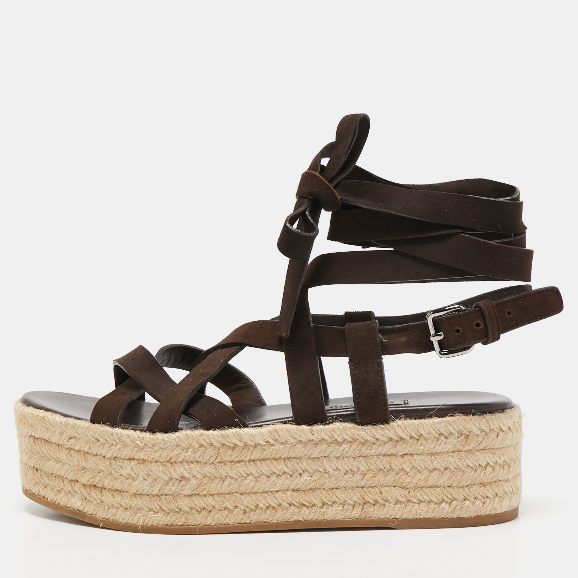 Miu Miu Dark Brown Suede Strappy Espadrille Platform Sandals Size 36