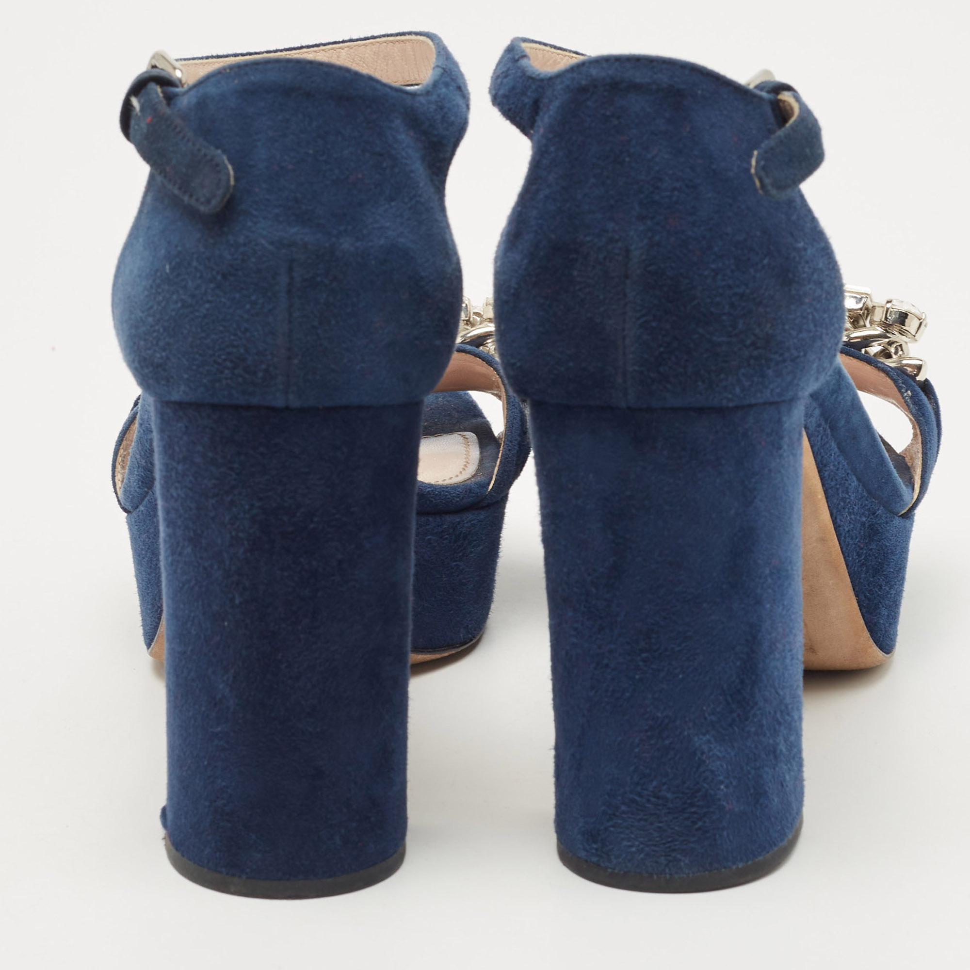 Miu Miu Navy Blue Suede Crystal Embellished Ankle Strap Sandals Size 37.5