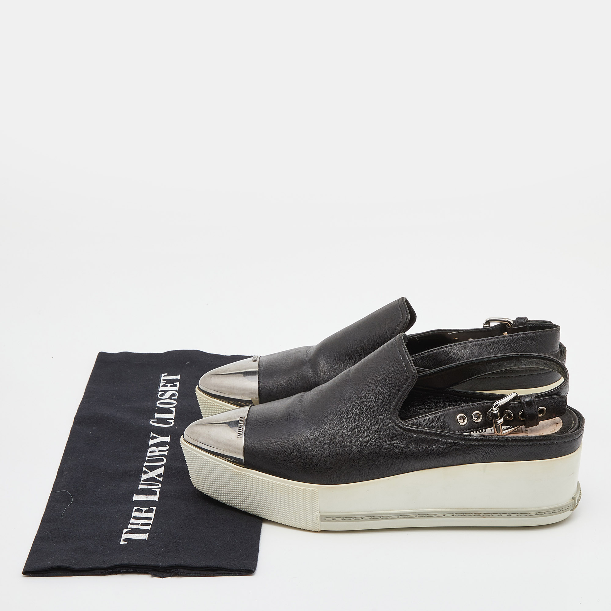 Miu Miu Black Leather Platform Slingback Sneakers Size 39