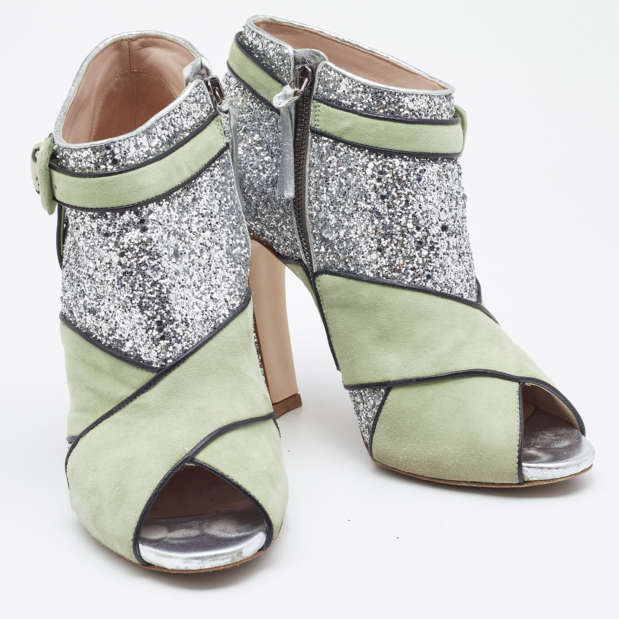 Miu Miu Green/Silver Glitter And Suede Peep-Toe Ankle Boots Size 39
