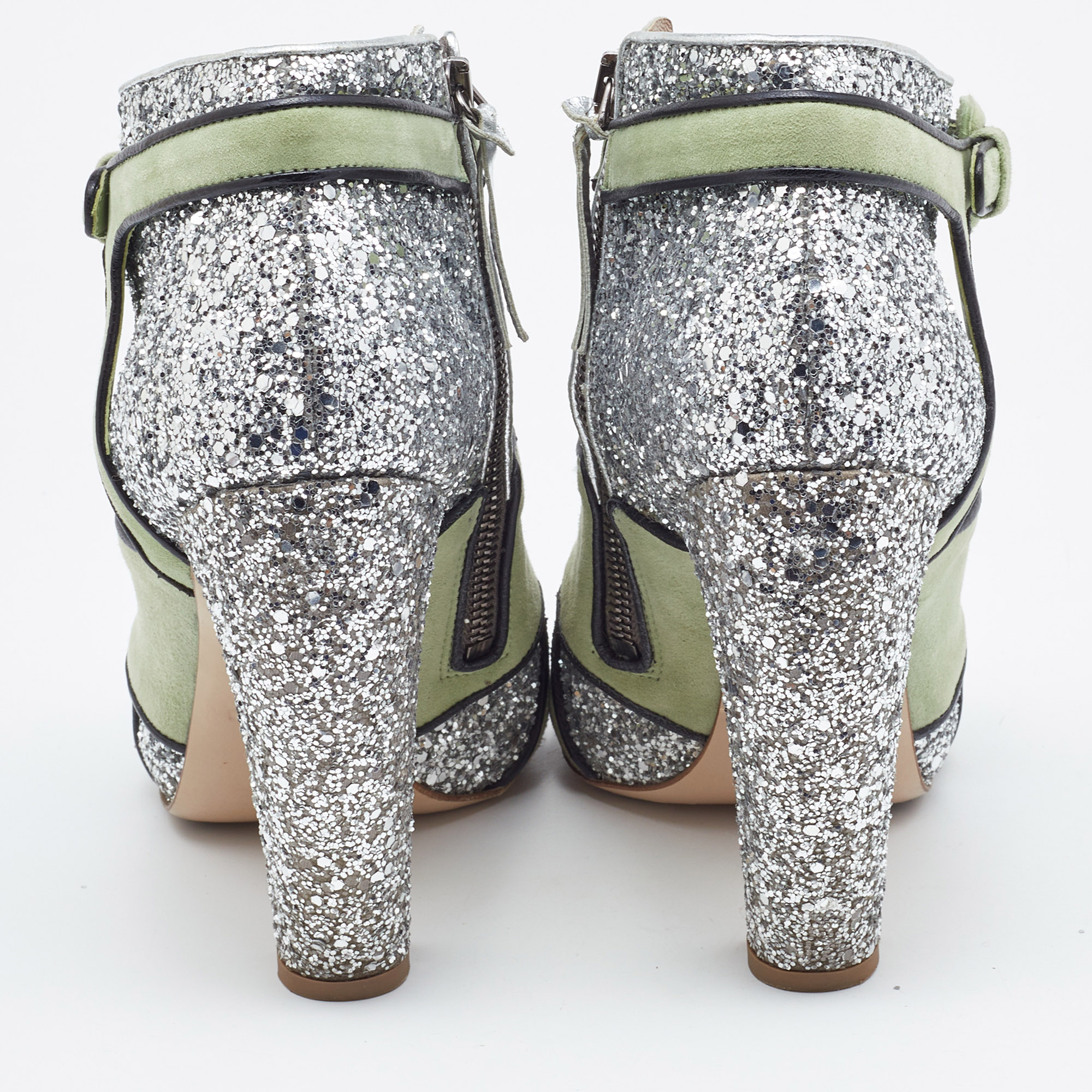 Miu Miu Green/Silver Glitter And Suede Peep-Toe Ankle Boots Size 39