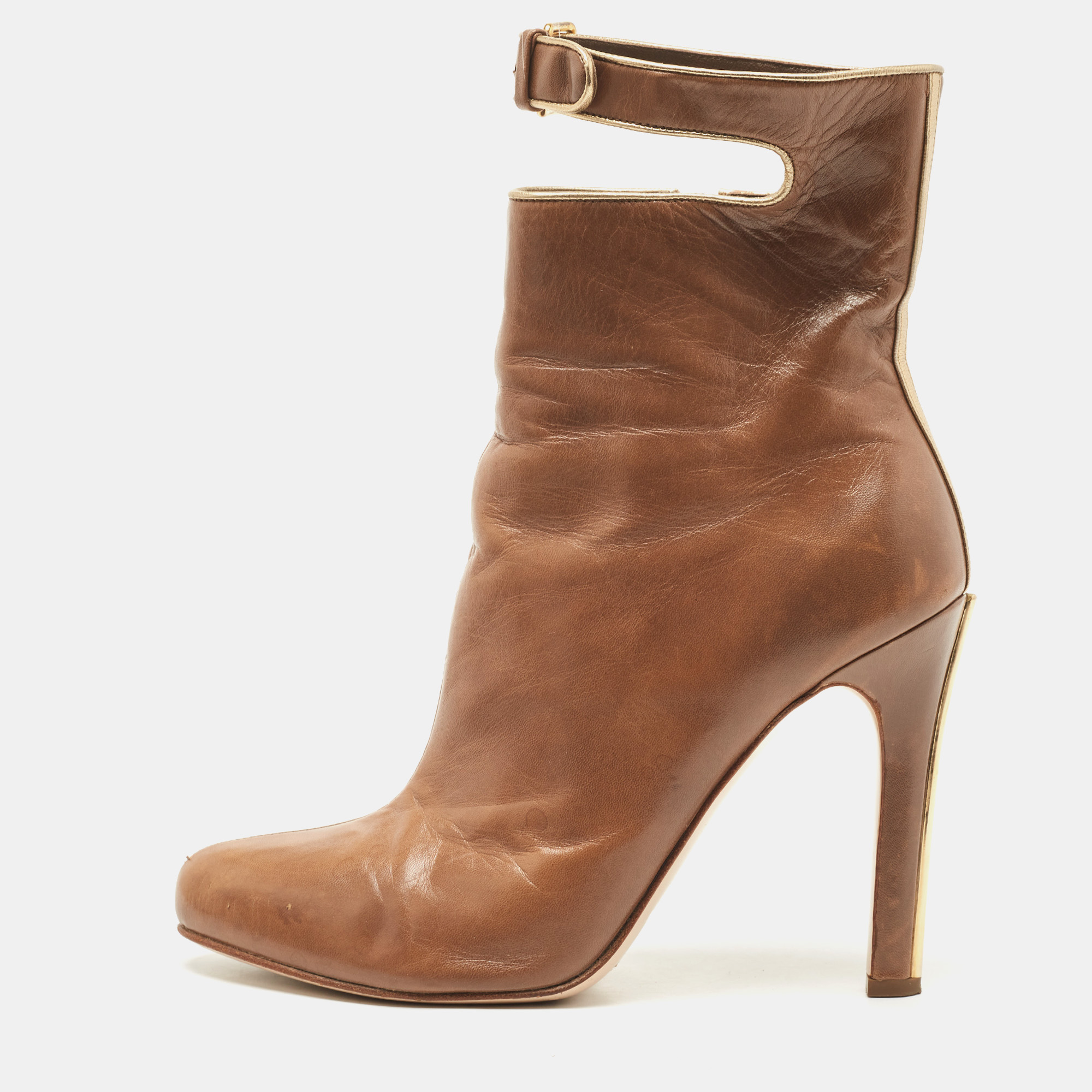 Miu Miu Brown Leather Buckle Detail Ankle Booties Size 39.5