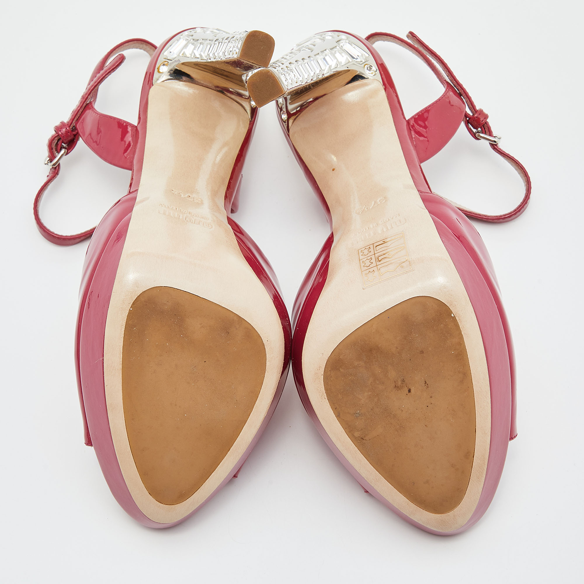 Miu Miu Pink Patent Leather Crystal Embellished Heel Platform Sandals Size 37.5