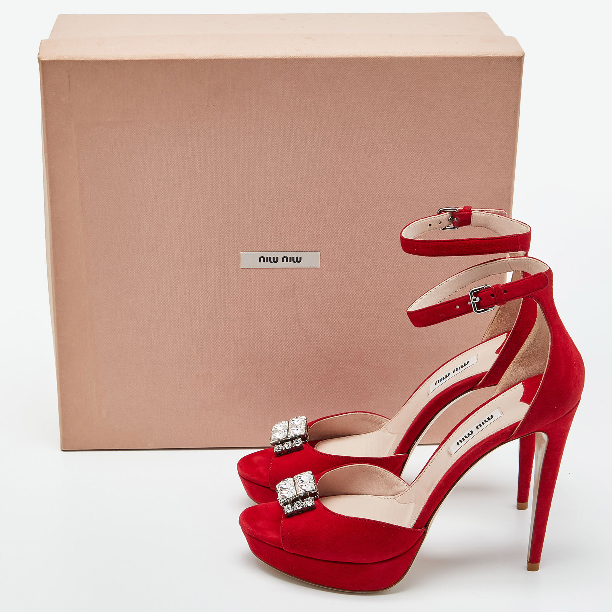 Miu Miu Red Suede Crystal Embellished Ankle Strap  Sandals Size 39