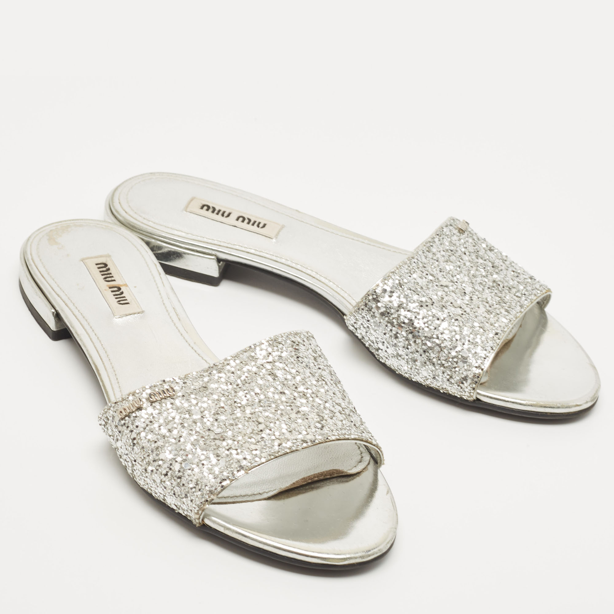 Miu Miu Silver Glitter Flat Slides Size 35