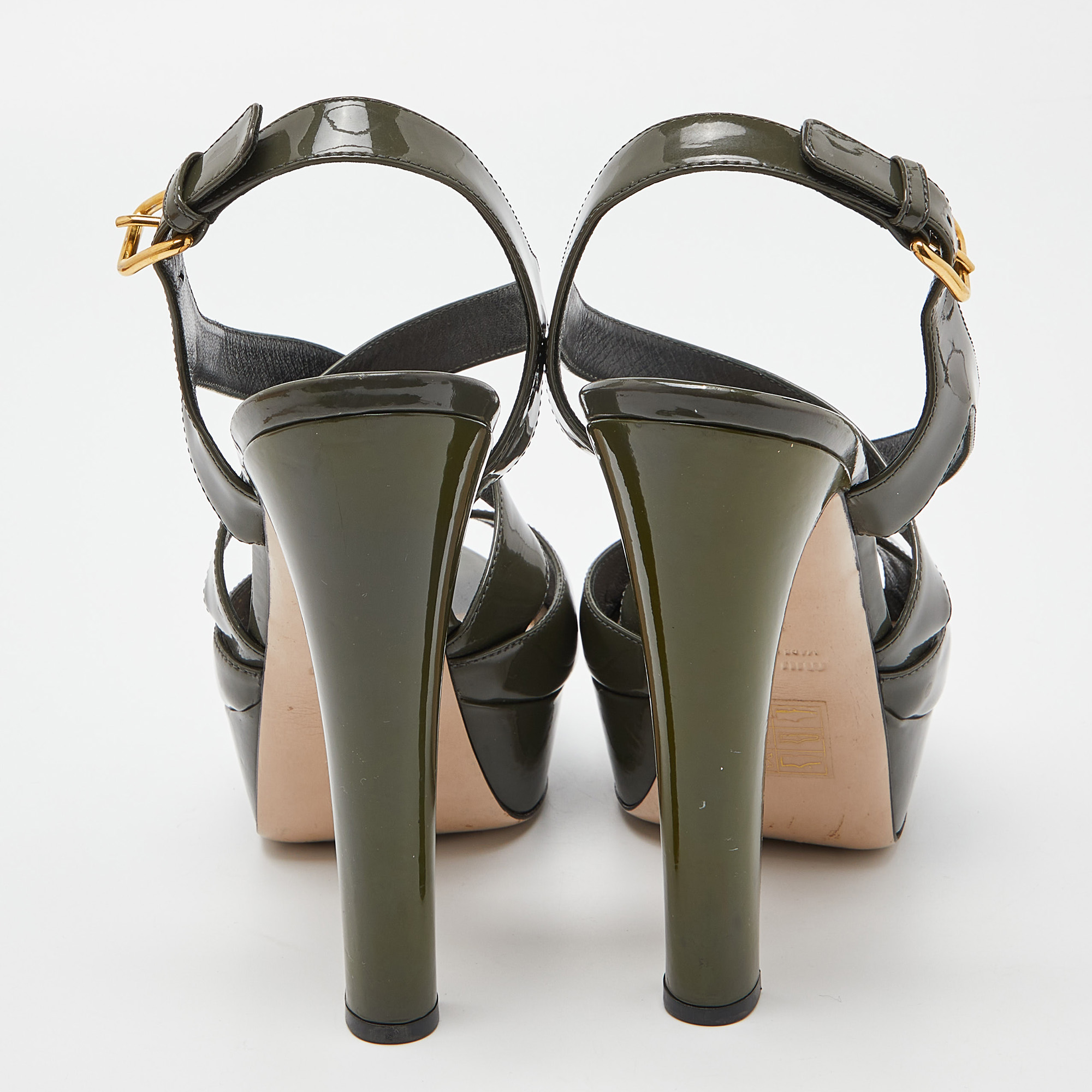 Miu Miu Olive Green Patent Leather Platform Ankle Cross Strap Sandals Size 39