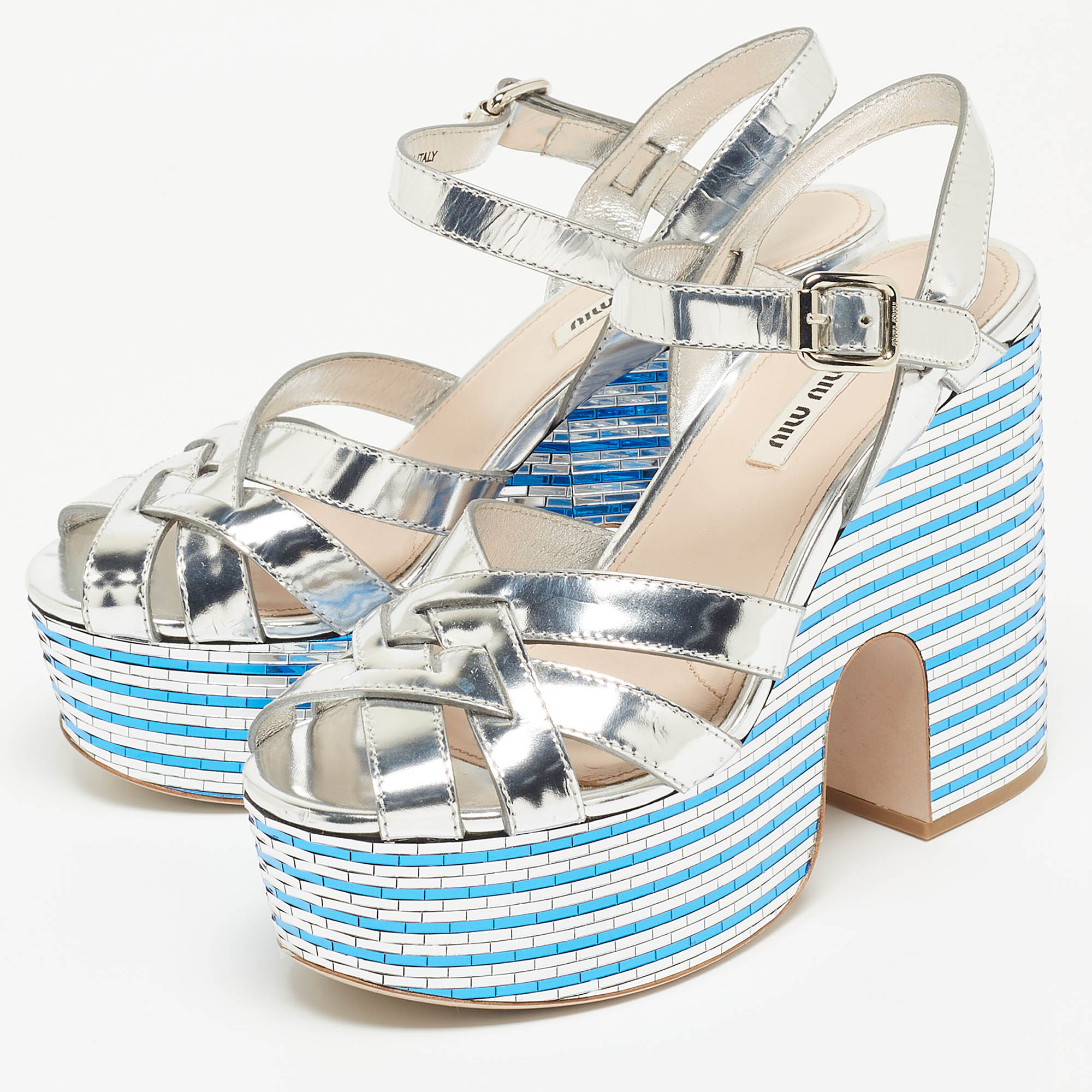 Miu Miu Silver Leather Crystal Embellished Platform Ankle Strap Sandals Size
Miu Miu Silver Leather Crystal Embellished Platform Ankle Strap Sandals Size