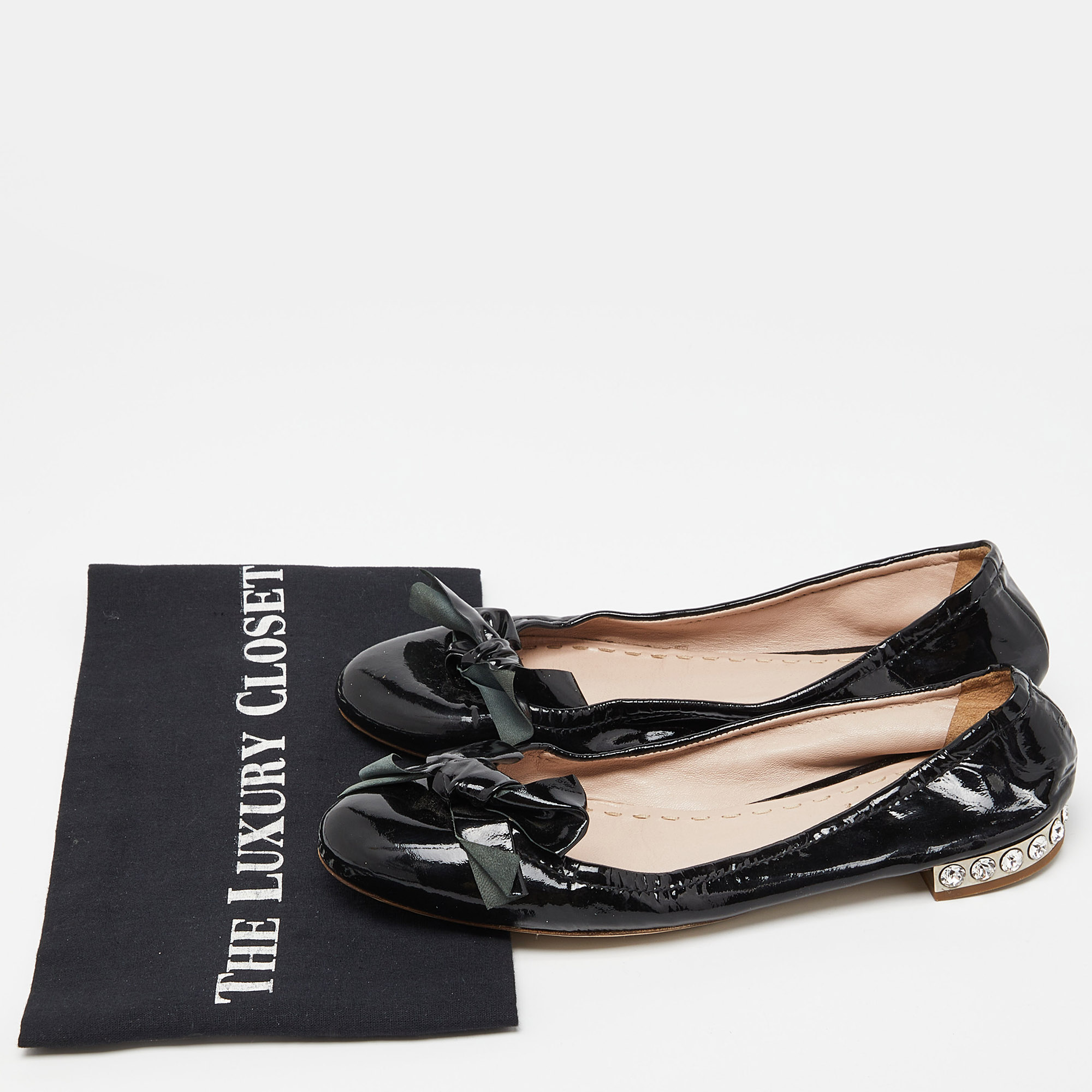 Miu Miu Black Patent Leather Crystal Embellished Bow Ballet Flats Size 37.5
