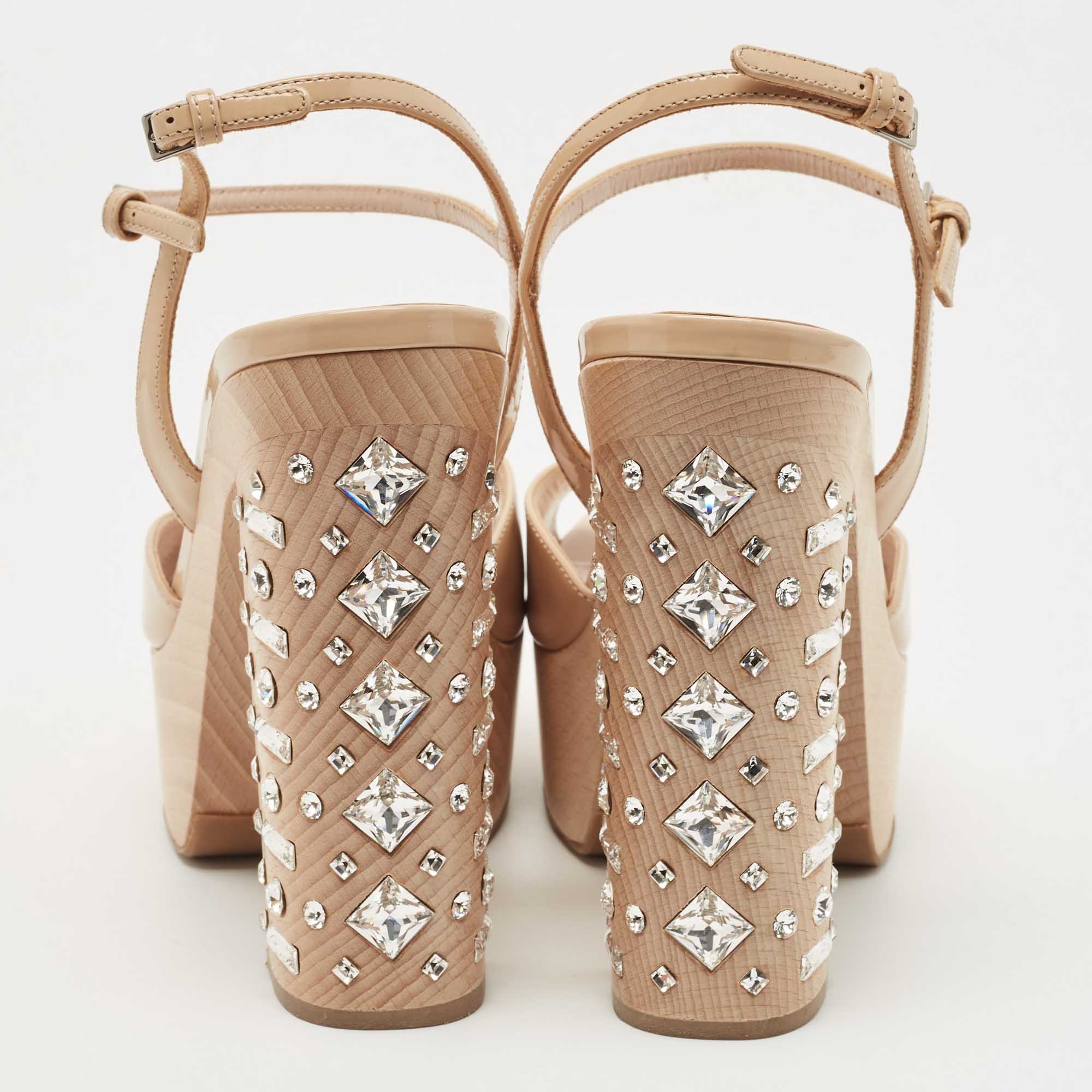 Miu Miu Beige Patent Leather Crystal Embellished Heel Platform Ankle Strap Sandals Size 36.5