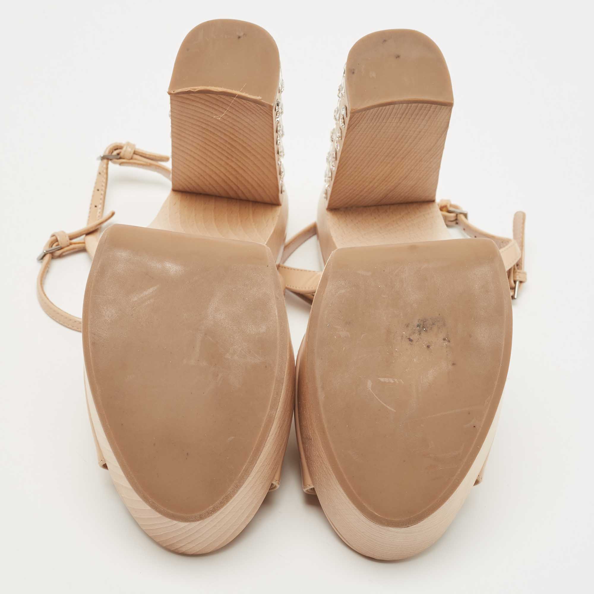 Miu Miu Beige Patent Leather Crystal Embellished Heel Platform Ankle Strap Sandals Size 36.5