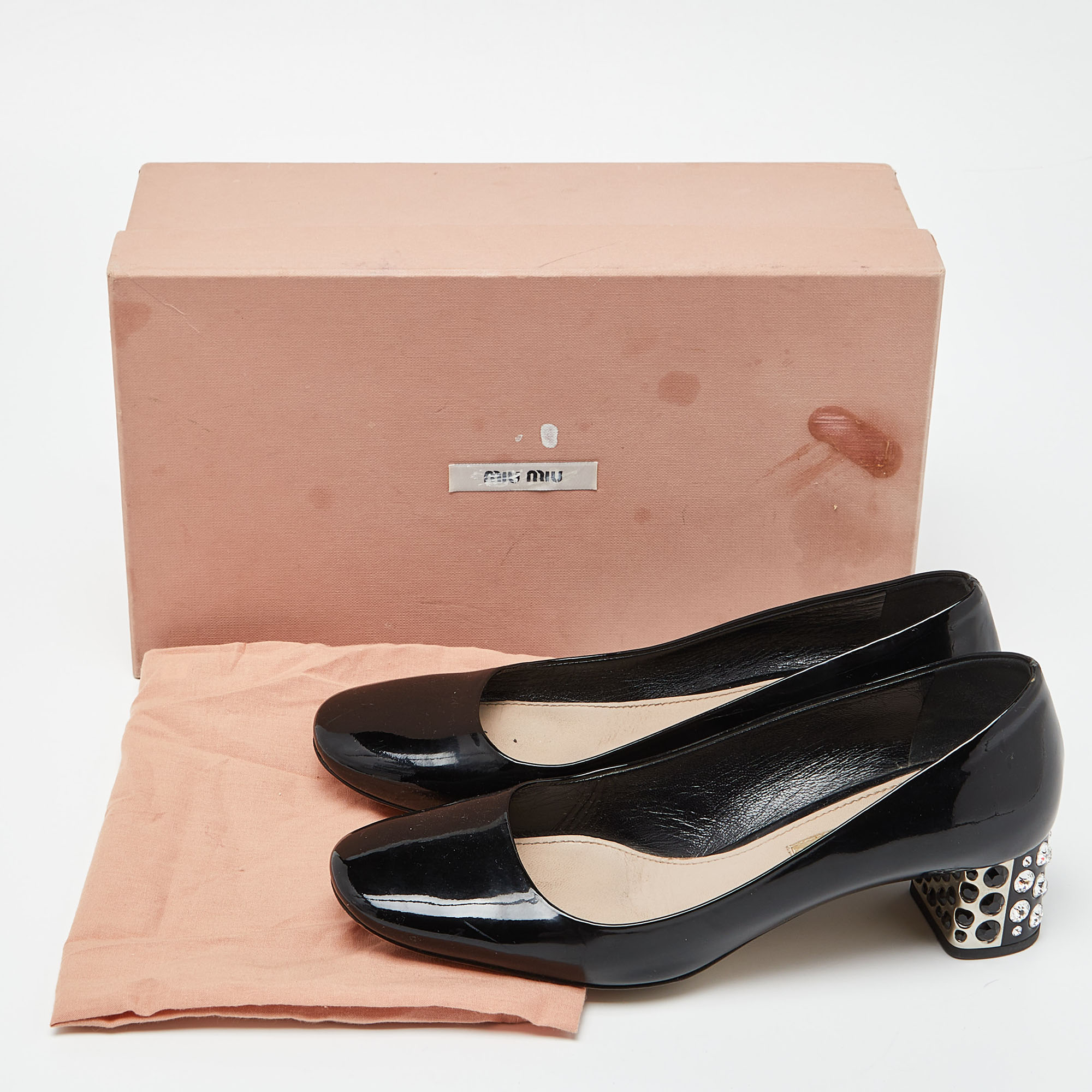 Miu Miu Black Patent Leather Crystal Embellished Block Heel Pumps Size 36.5