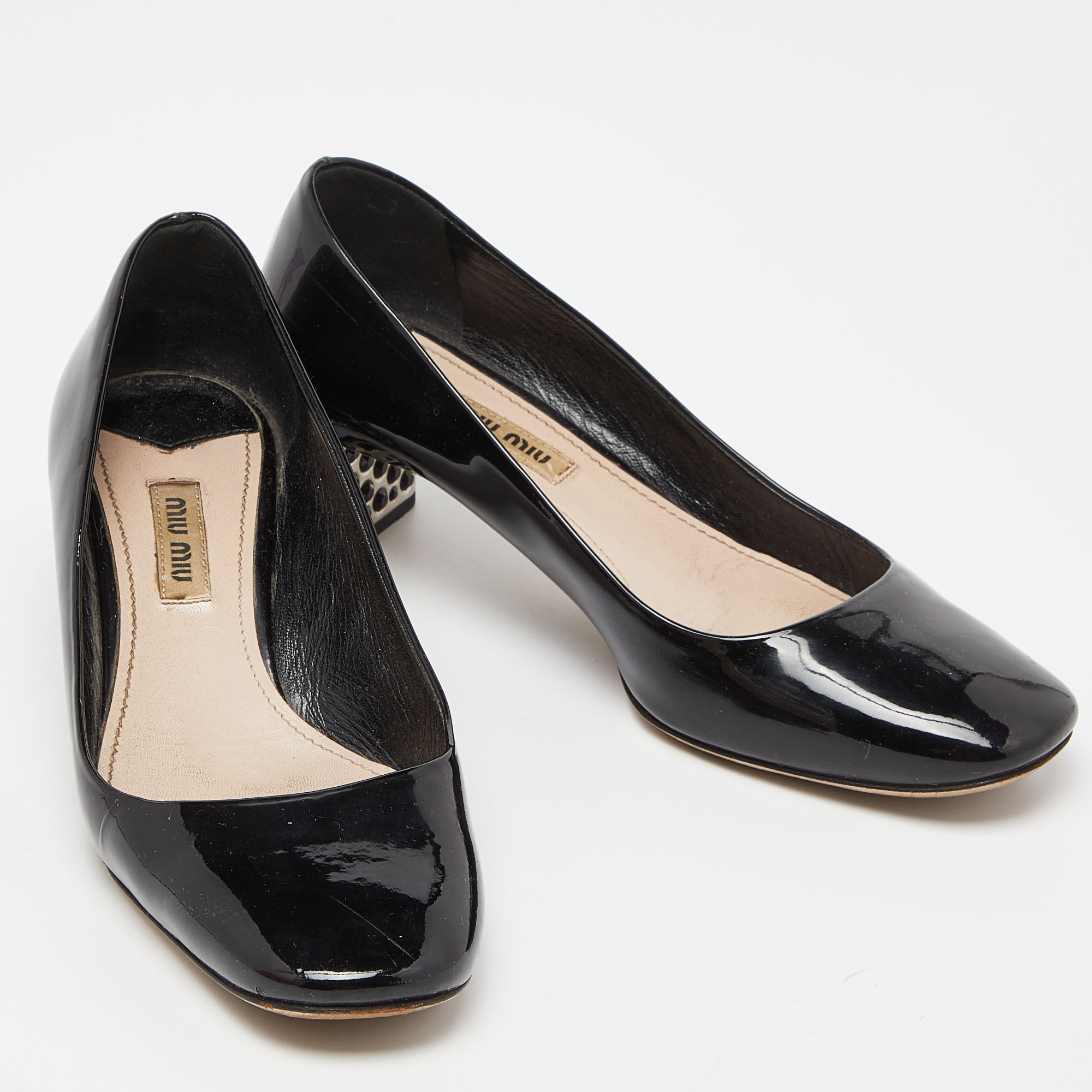 Miu Miu Black Patent Leather Crystal Embellished Block Heel Pumps Size 36.5