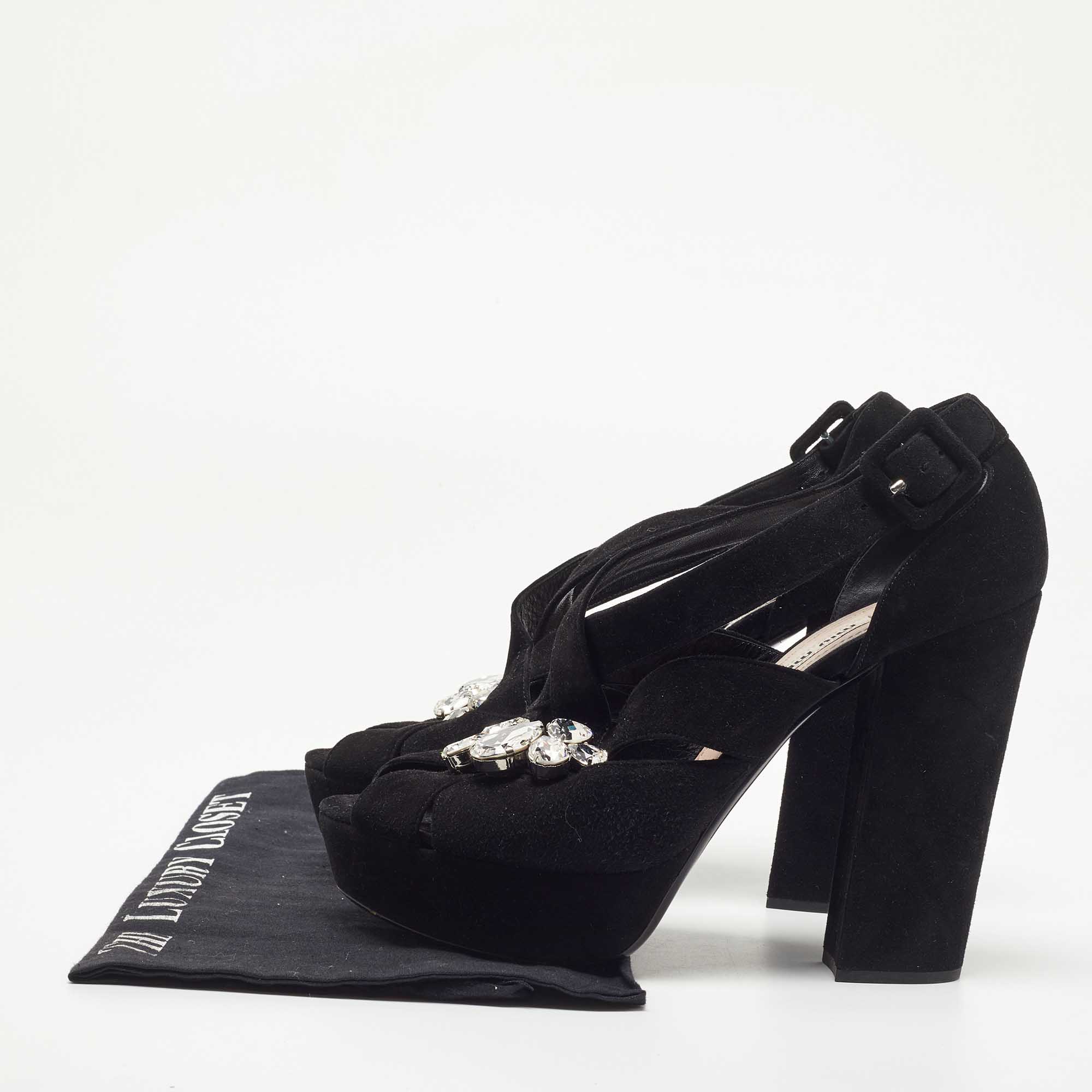 Miu Miu Black Suede Crystal Embellished Platform Sandals Size 40