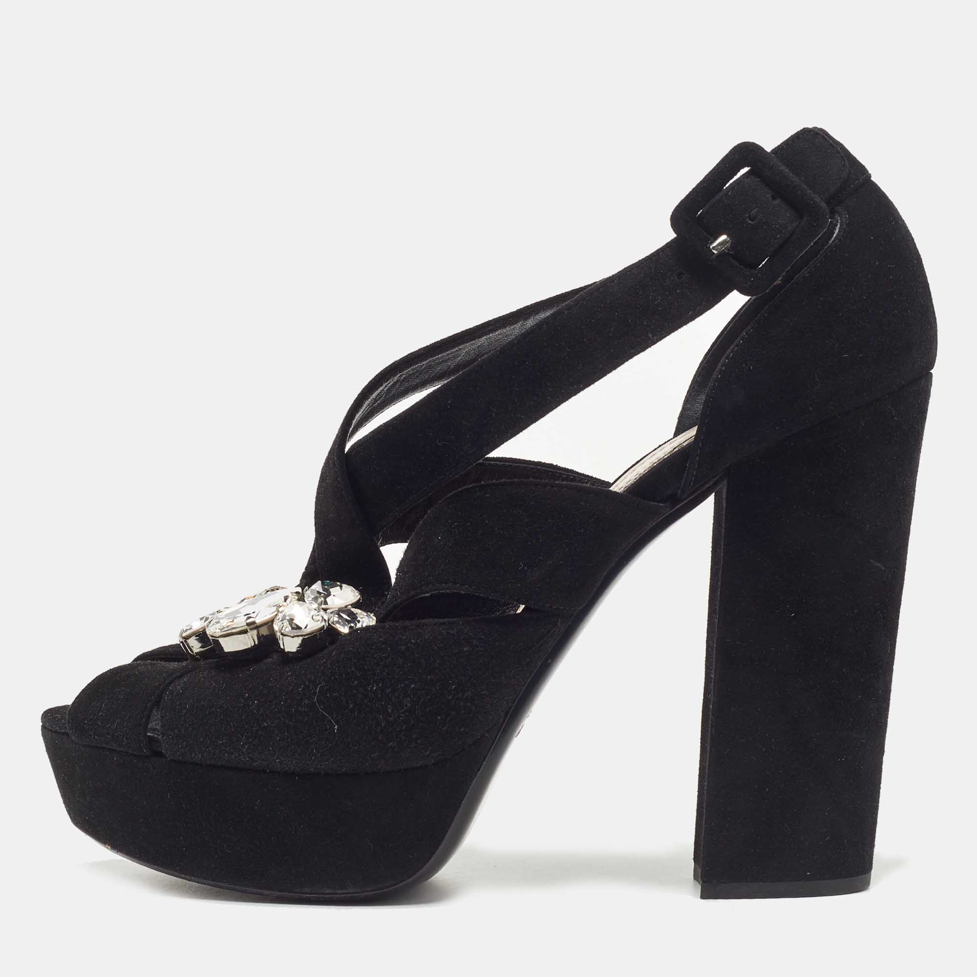 Miu miu black suede crystal embellished platform sandals size 40