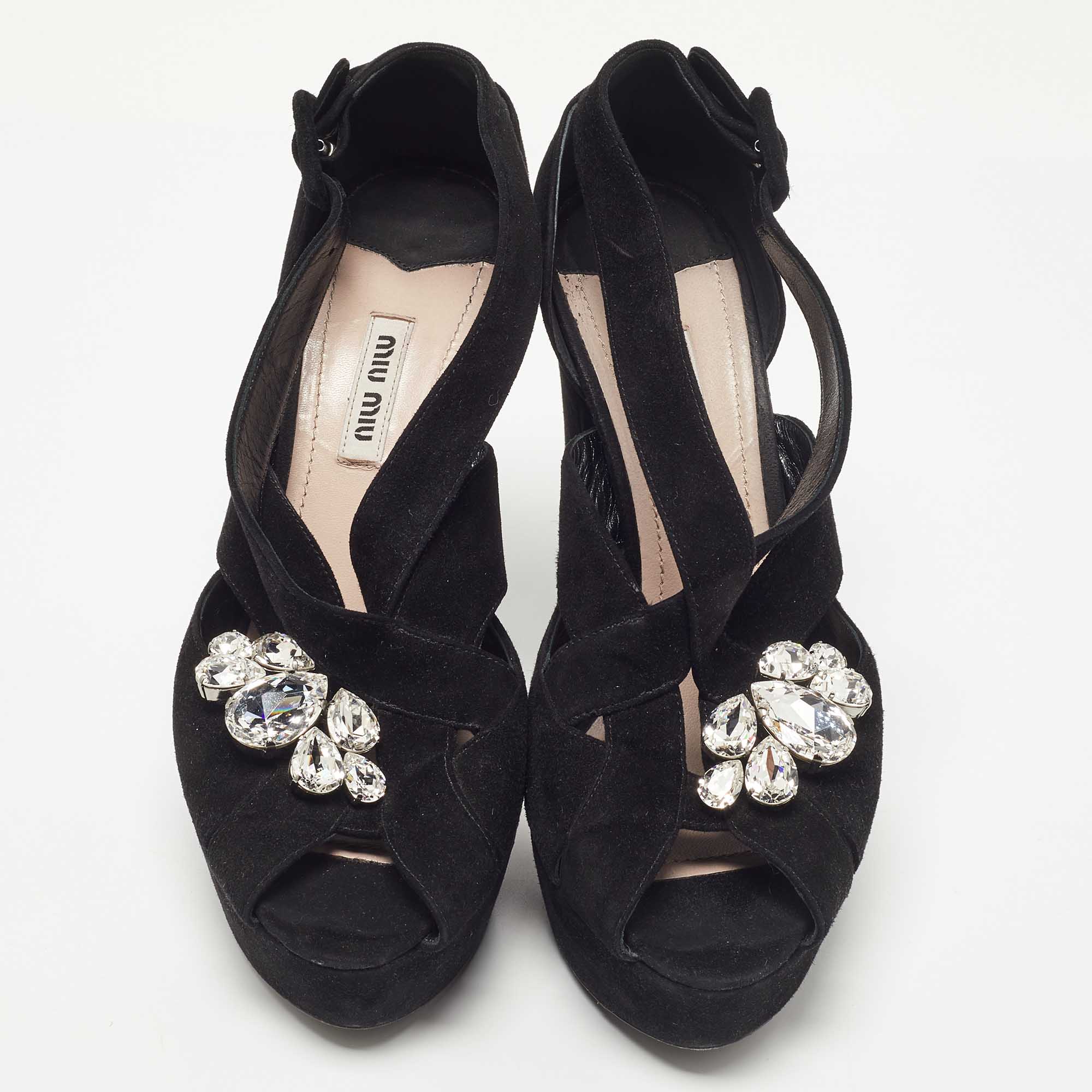 Miu Miu Black Suede Crystal Embellished Platform Sandals Size 40