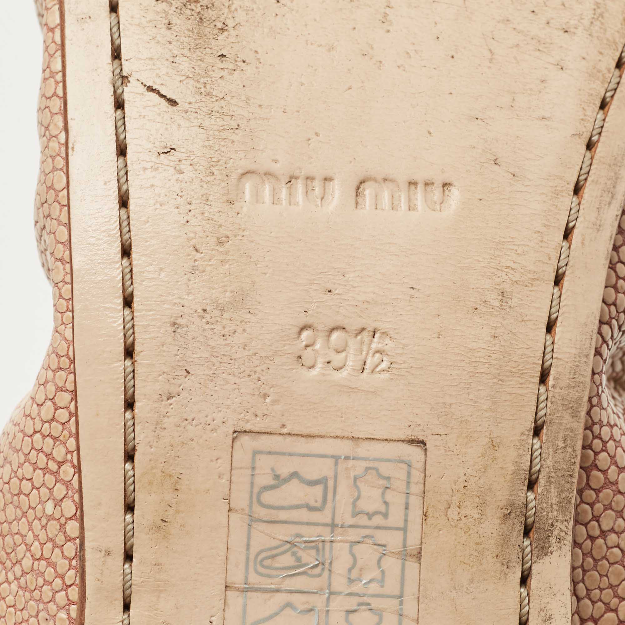 Miu Miu Beige Texture Leather Scrunch Bow Ballet Flats Size 39.5