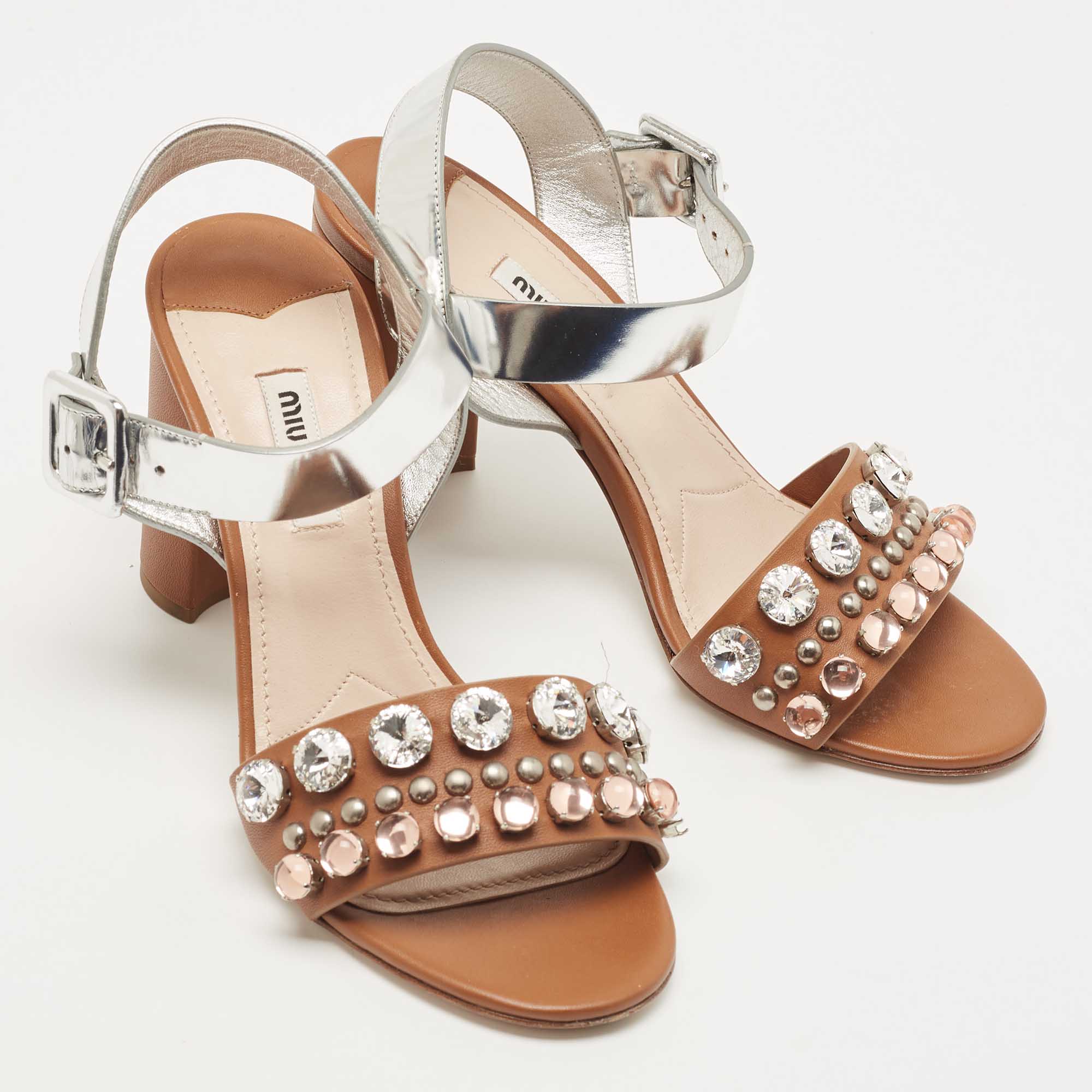 Miu Miu Brown/Silver Leather Crystal Embellished Ankle Strap Sandals Size 37