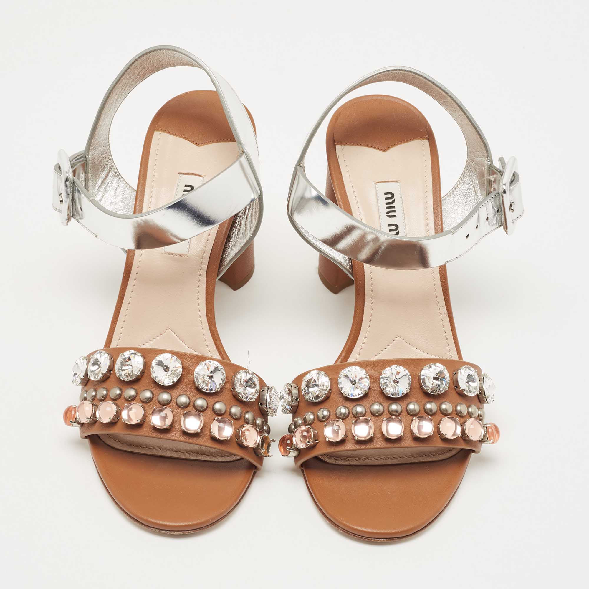 Miu Miu Brown/Silver Leather Crystal Embellished Ankle Strap Sandals Size 37