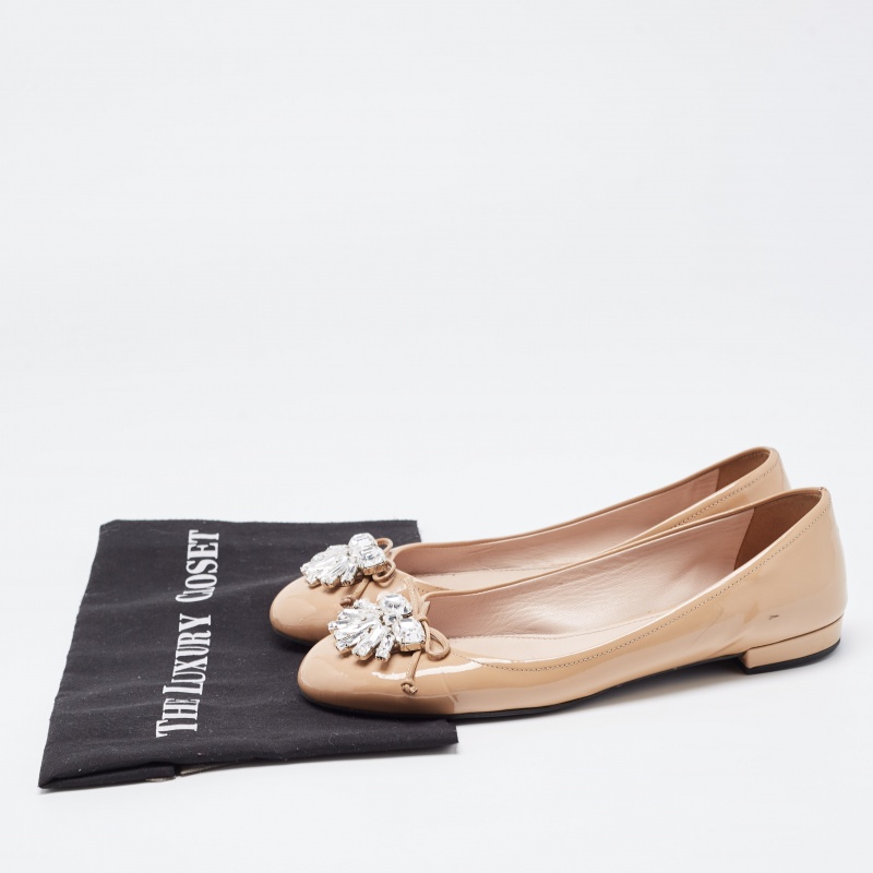 Miu Miu Beige Patent Leather Crystal Embellished Ballet Flats Size 38