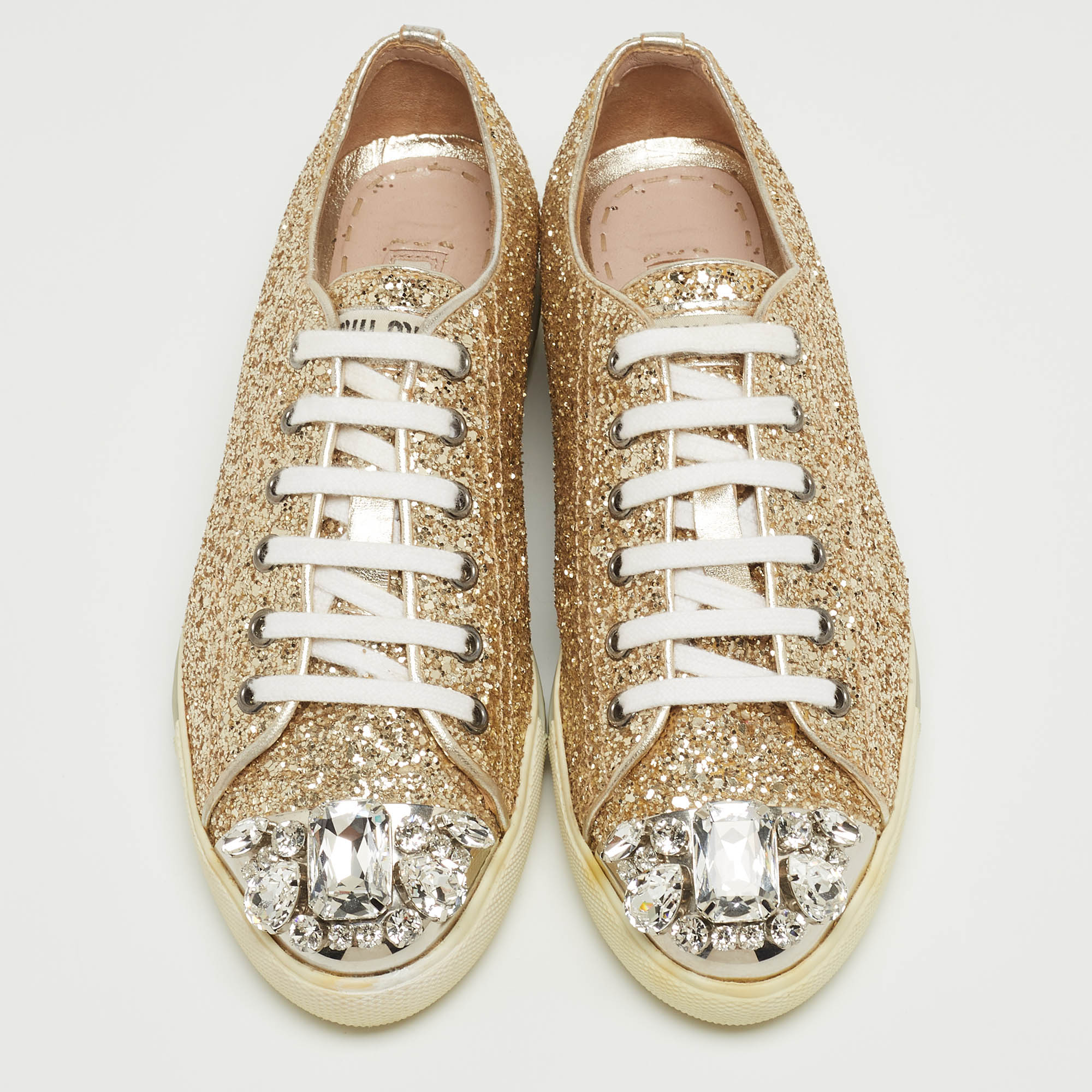 Miu Miu Gold Coarse Glitter Crystal Embellished Metal Cap Toe Sneakers Size 36.5