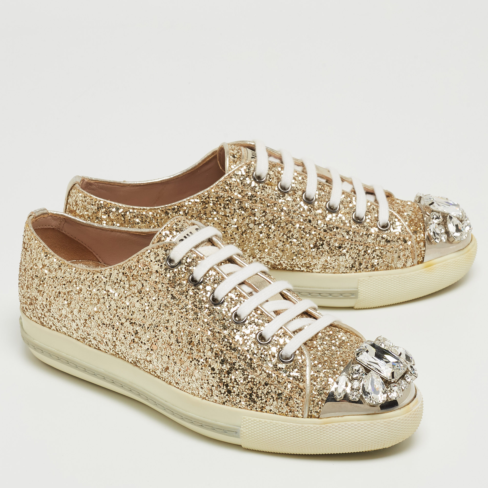 Miu Miu Gold Coarse Glitter Crystal Embellished Metal Cap Toe Sneakers Size 36.5