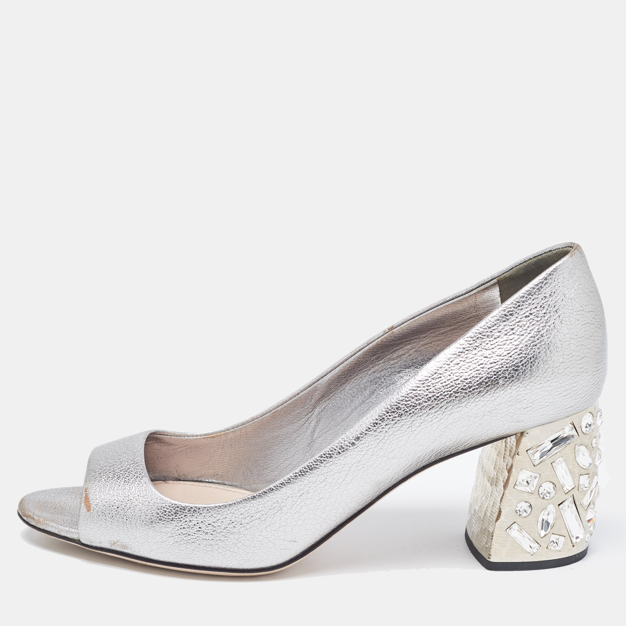 Miu Miu Silver Leather Crystal Block Heel Open Toe Pumps Size 38
